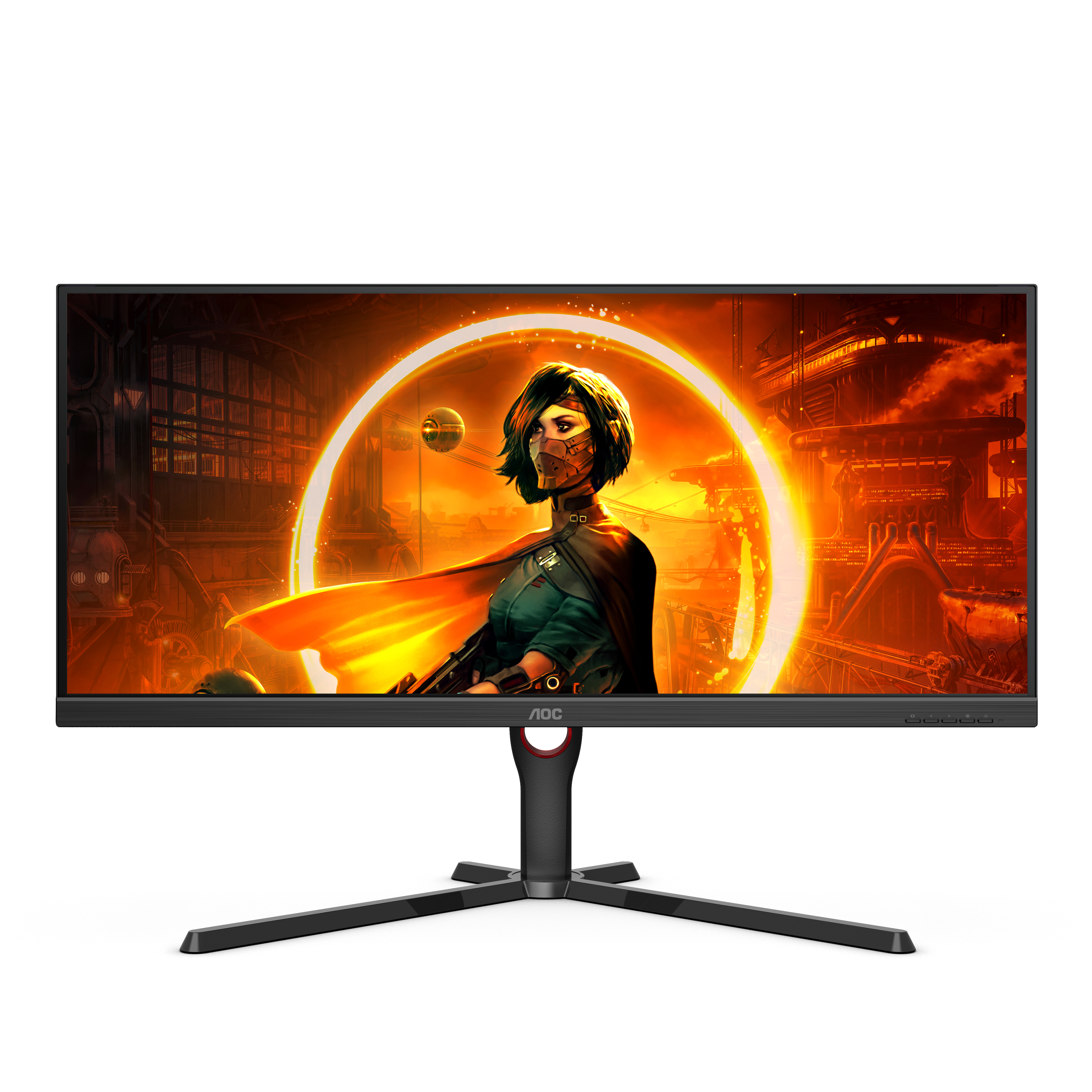 Un monitor per computer nero con una donna con una maschera sullo schermo. Il logo AOC è visibile.