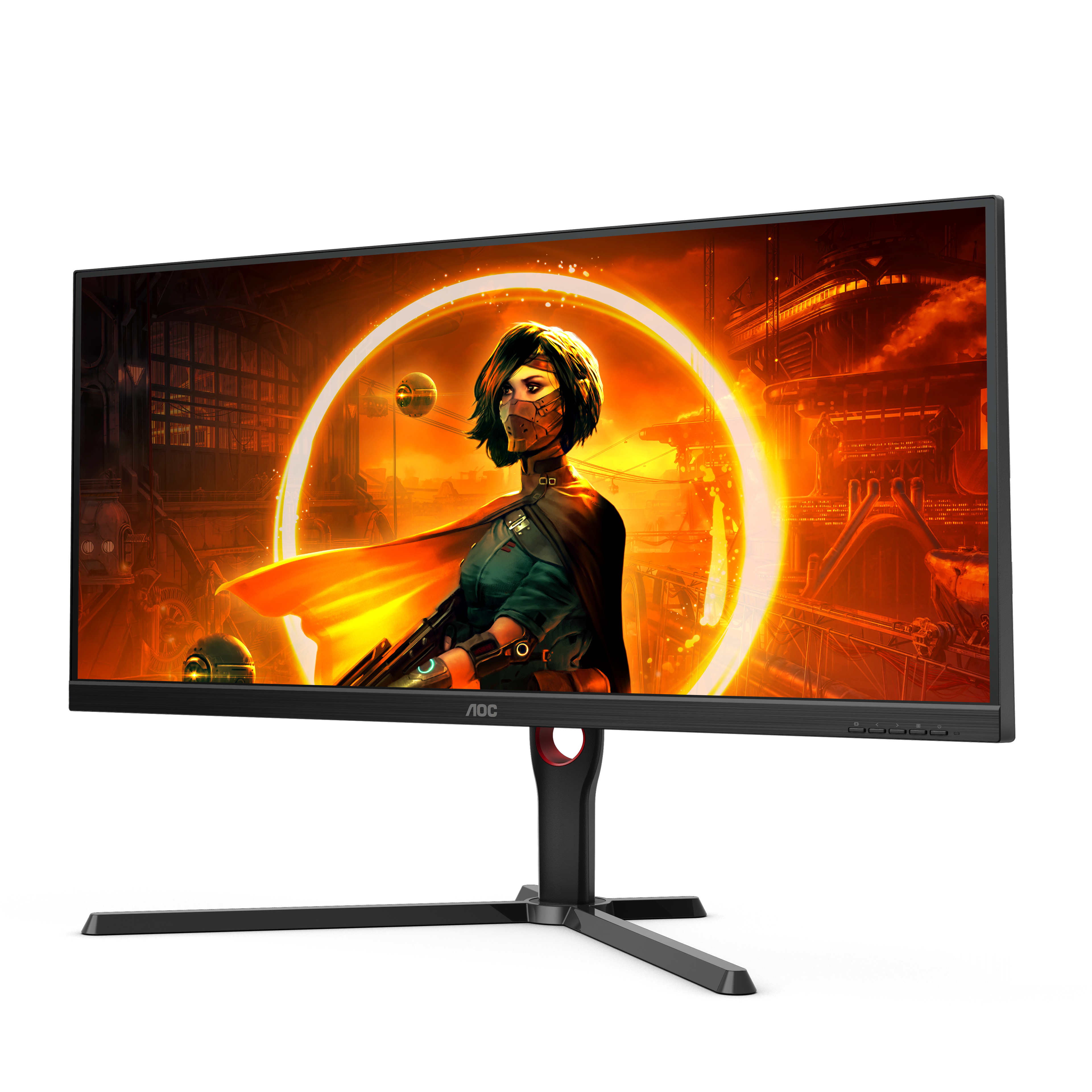 Monitor da gioco che mostra una scena di gioco. Il monitor ha una cornice nera e un supporto con dettagli rossi.