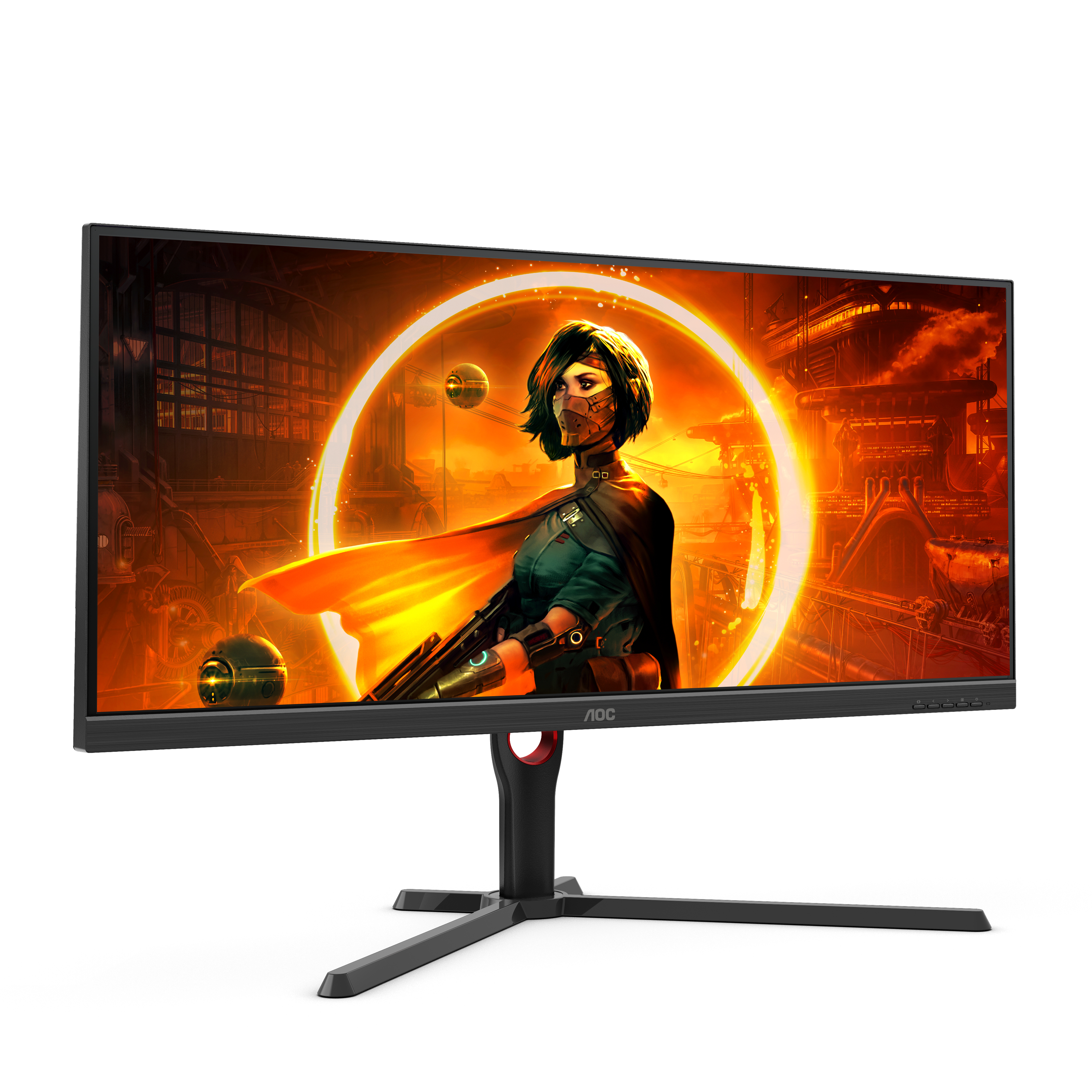 Monitor da gioco AOC con una guerriera su uno sfondo arancione brillante.