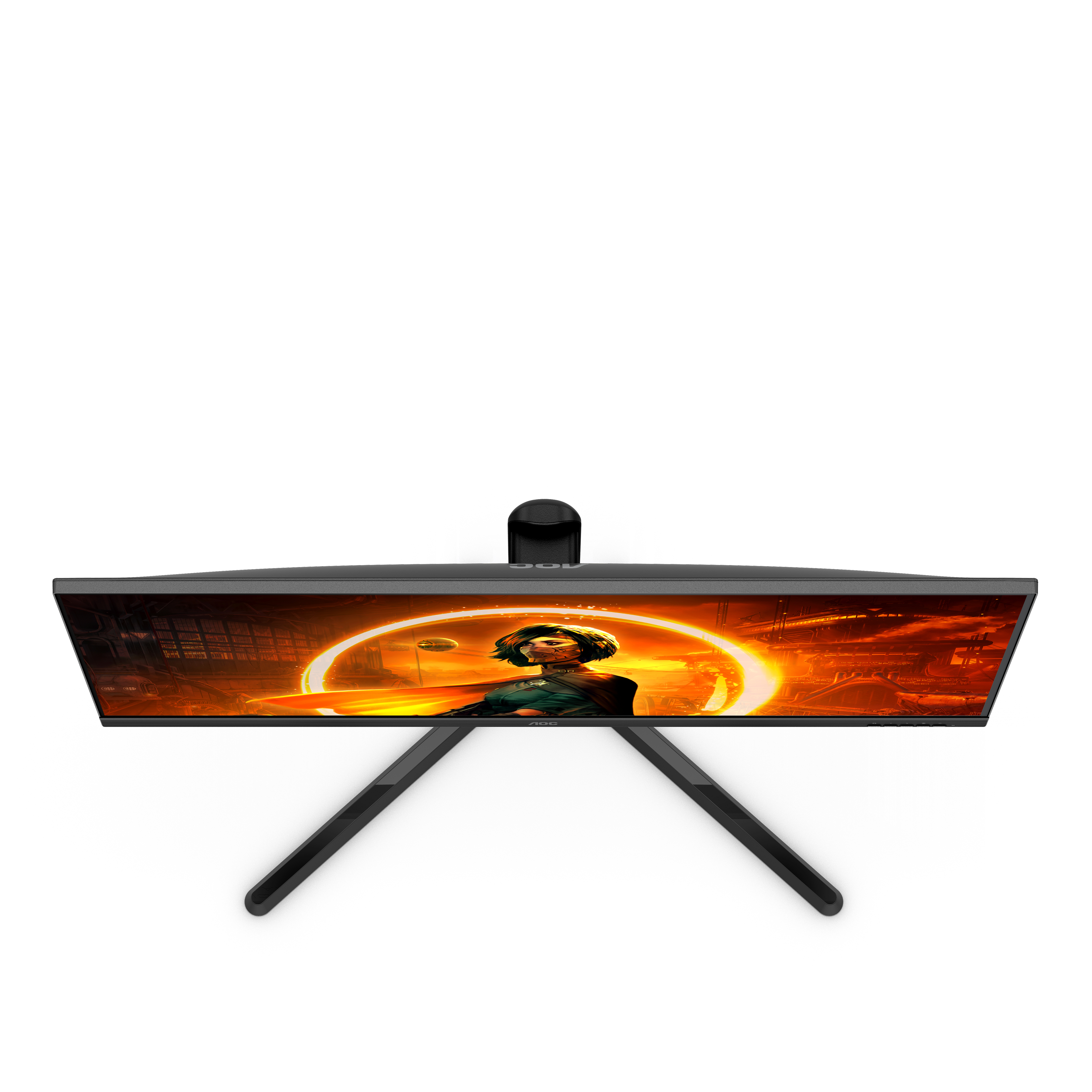 Monitor che mostra un'immagine colorata. Ha un supporto nero. Lo sfondo è bianco.