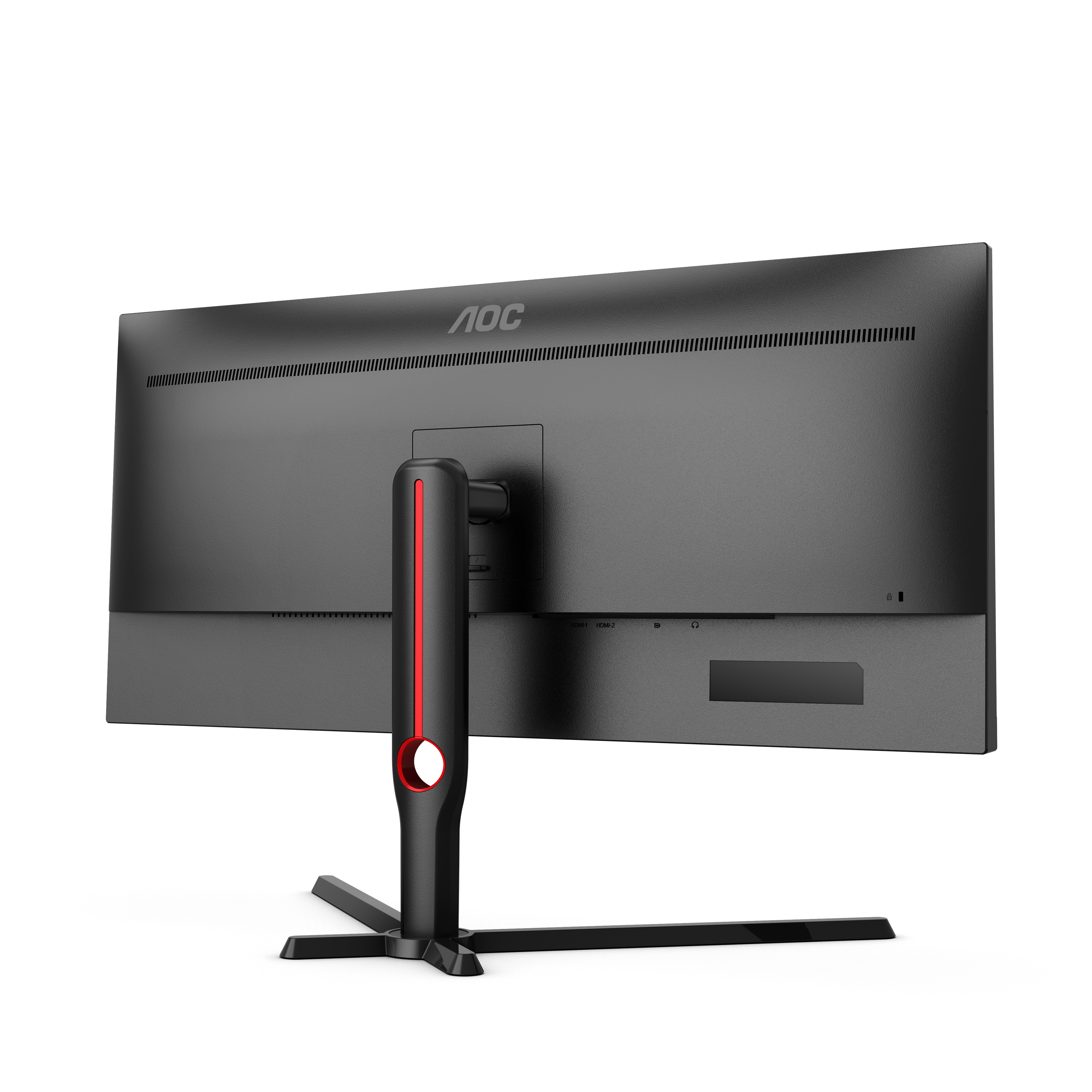 Il retro di un monitor nero con il logo AOC e un supporto rosso distintivo.