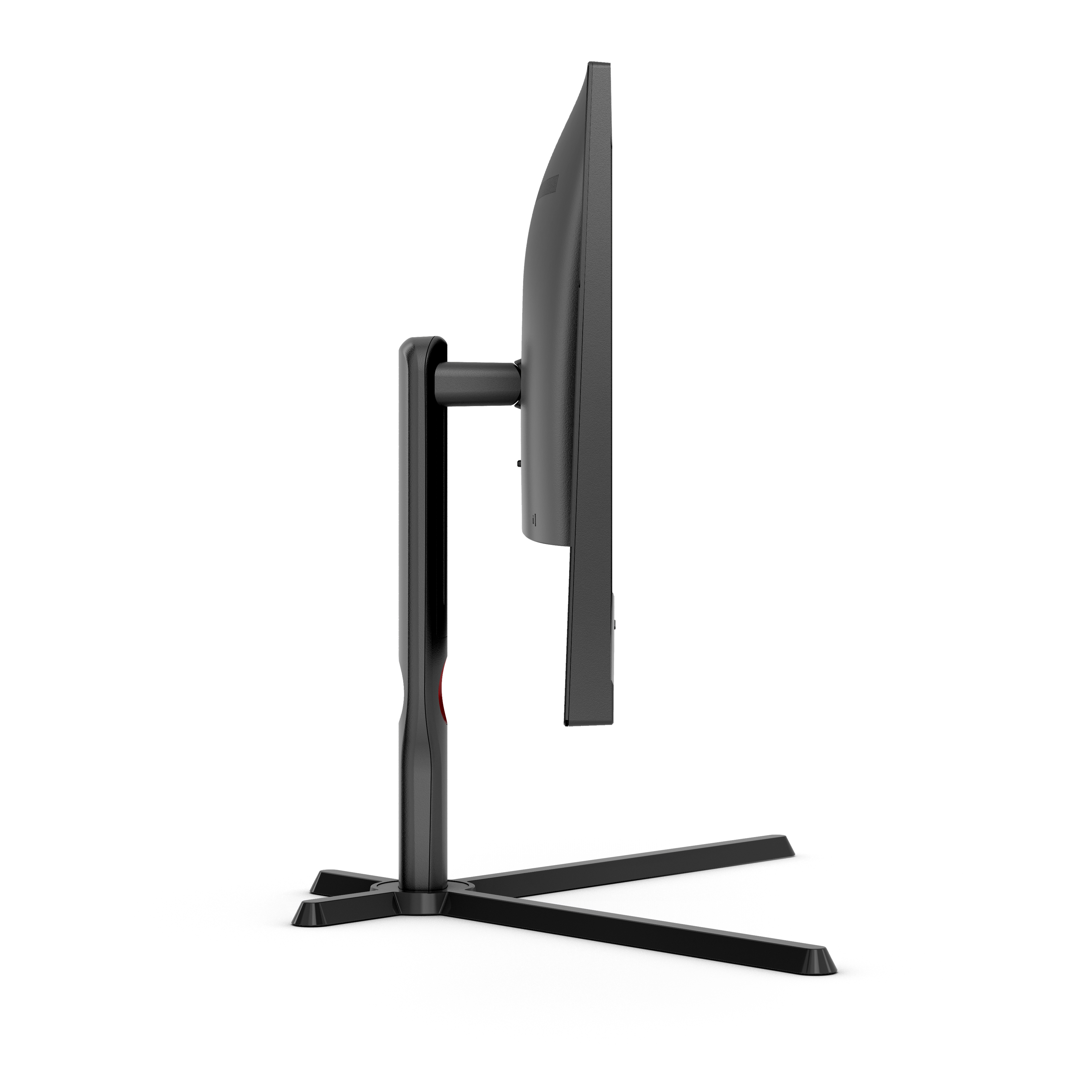 Vista laterale di un monitor nero su un supporto. Presenta un profilo sottile e una linea di accento rossa.