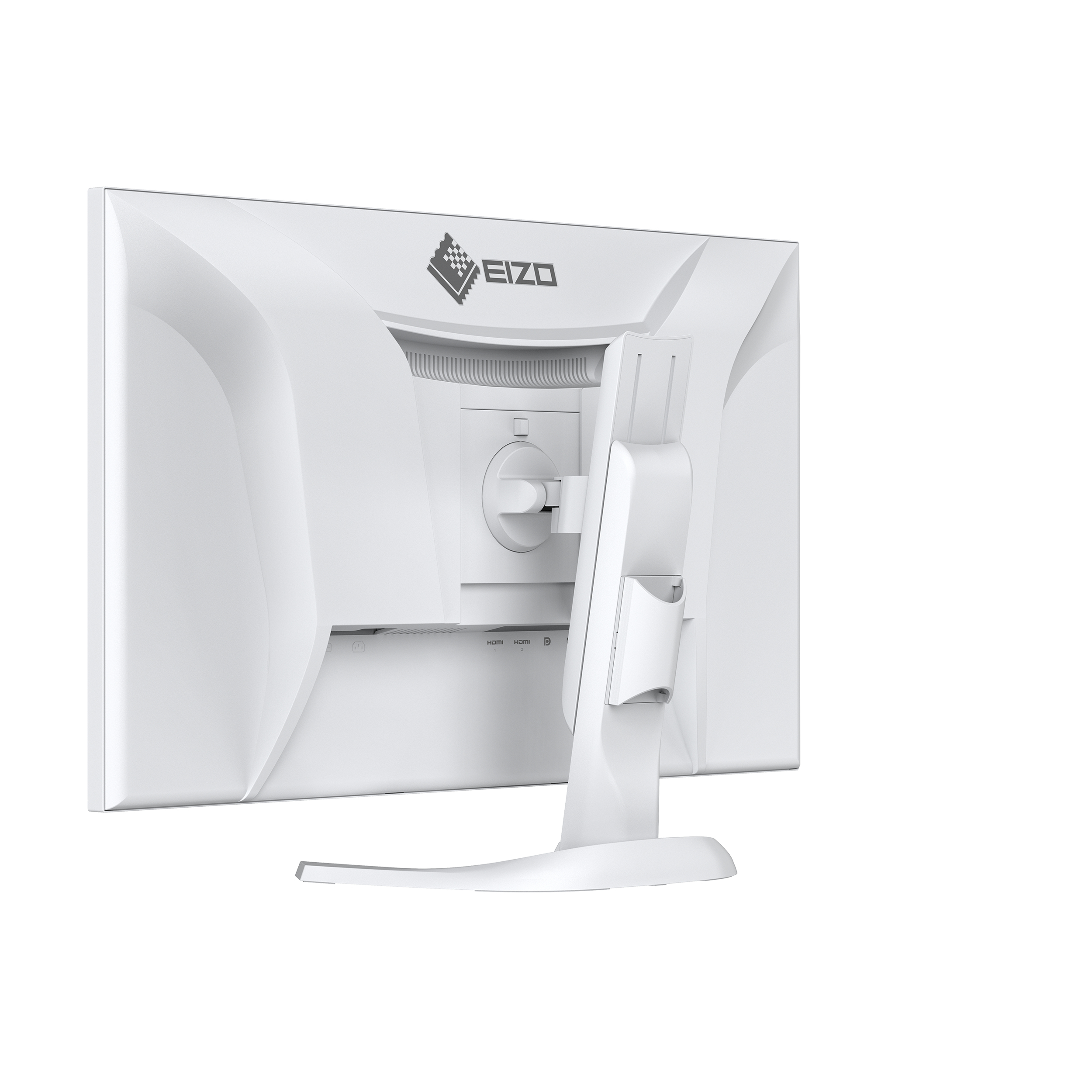 Tył białego monitora ze stojakiem. Zawiera logo i różne porty. Izolowany na białym tle.