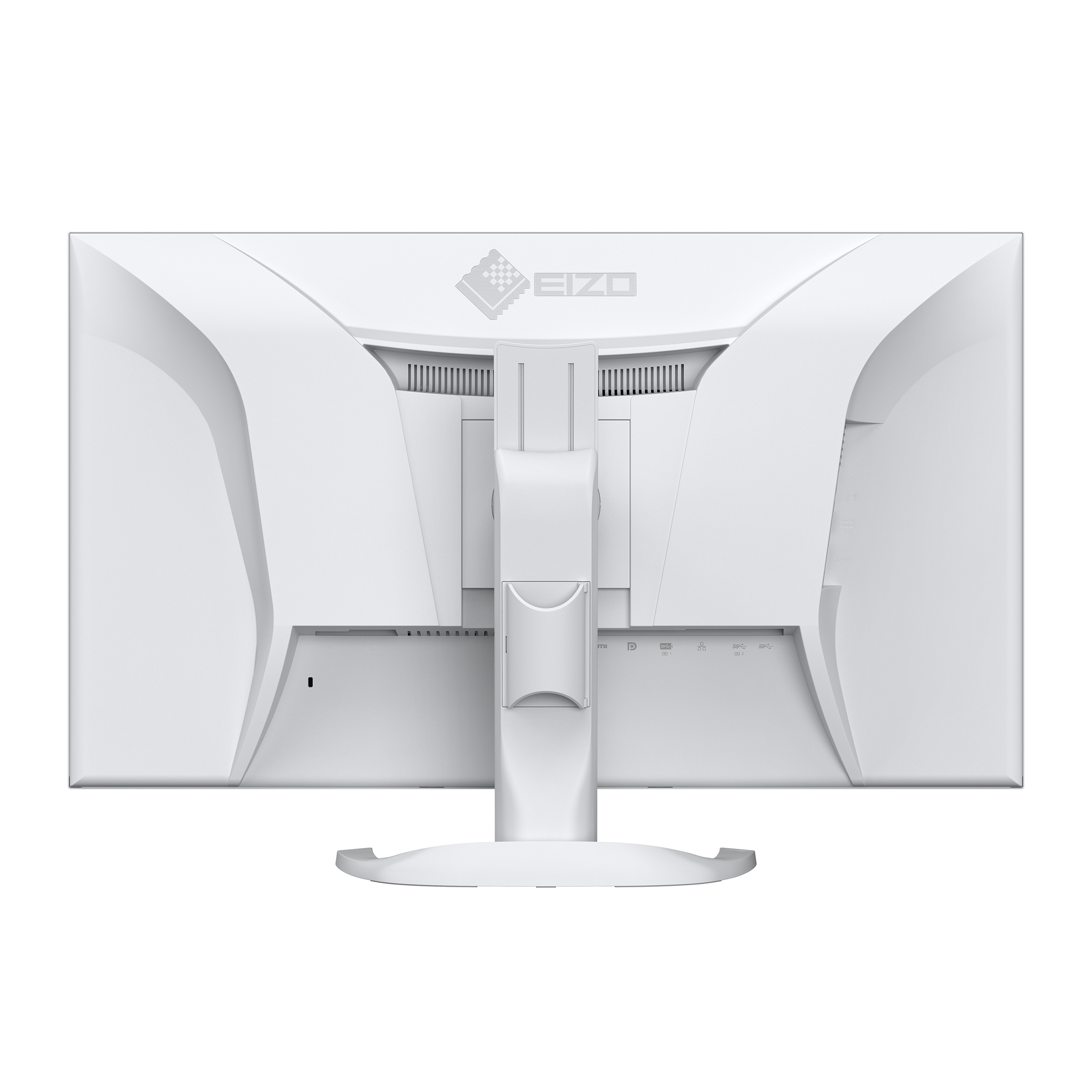 Tył białego monitora EIZO. Pokazuje porty, złącza i mocowanie podstawy.