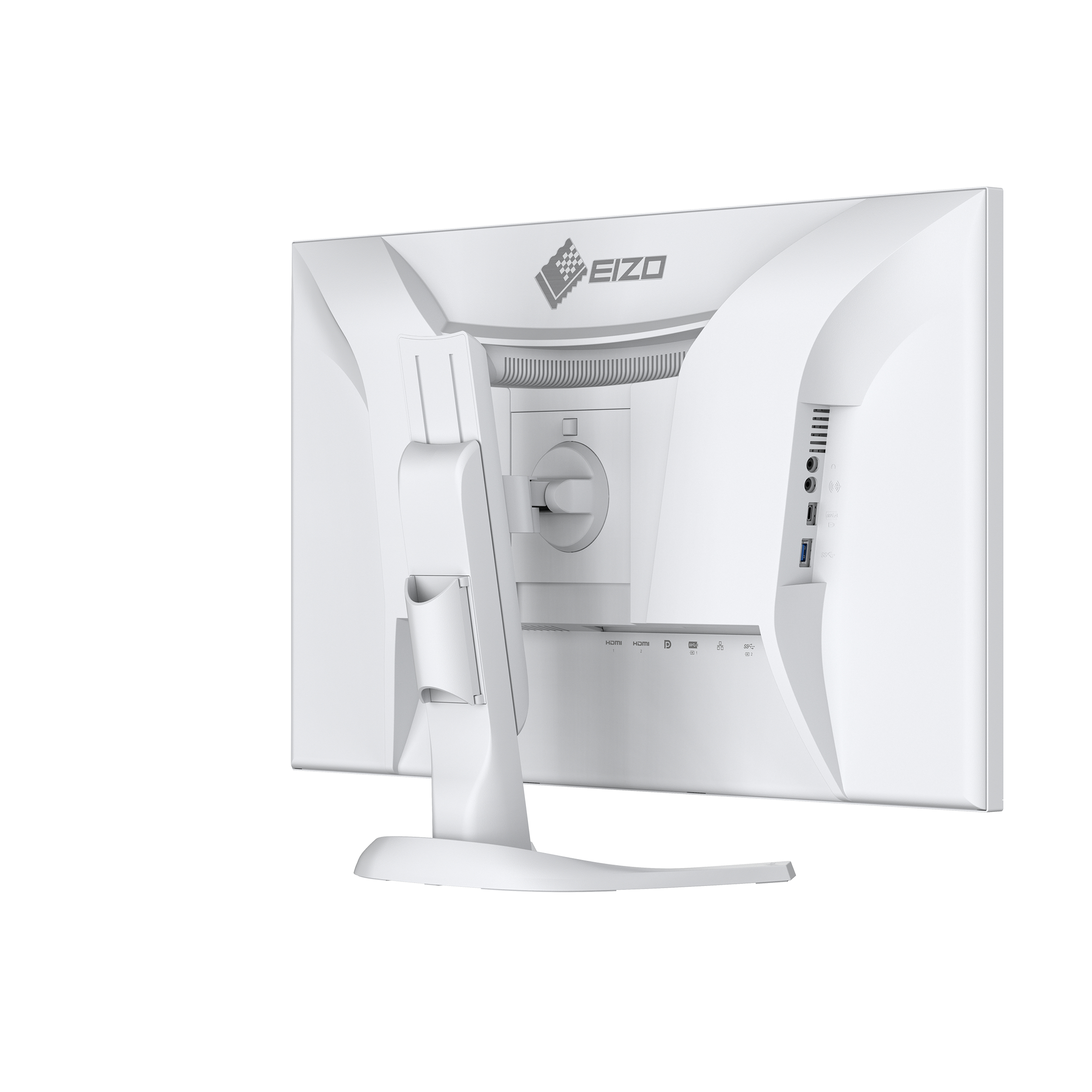 Tył białego monitora z logo EIZO, portami i podstawą. Widok z boku.