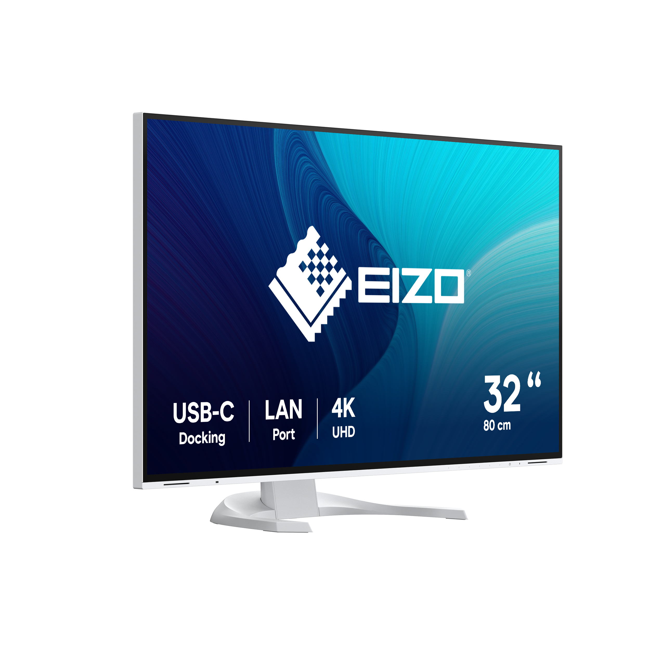 Biały monitor EIZO. Posiada USB-C, port LAN, 4K UHD i 32-calowy ekran.