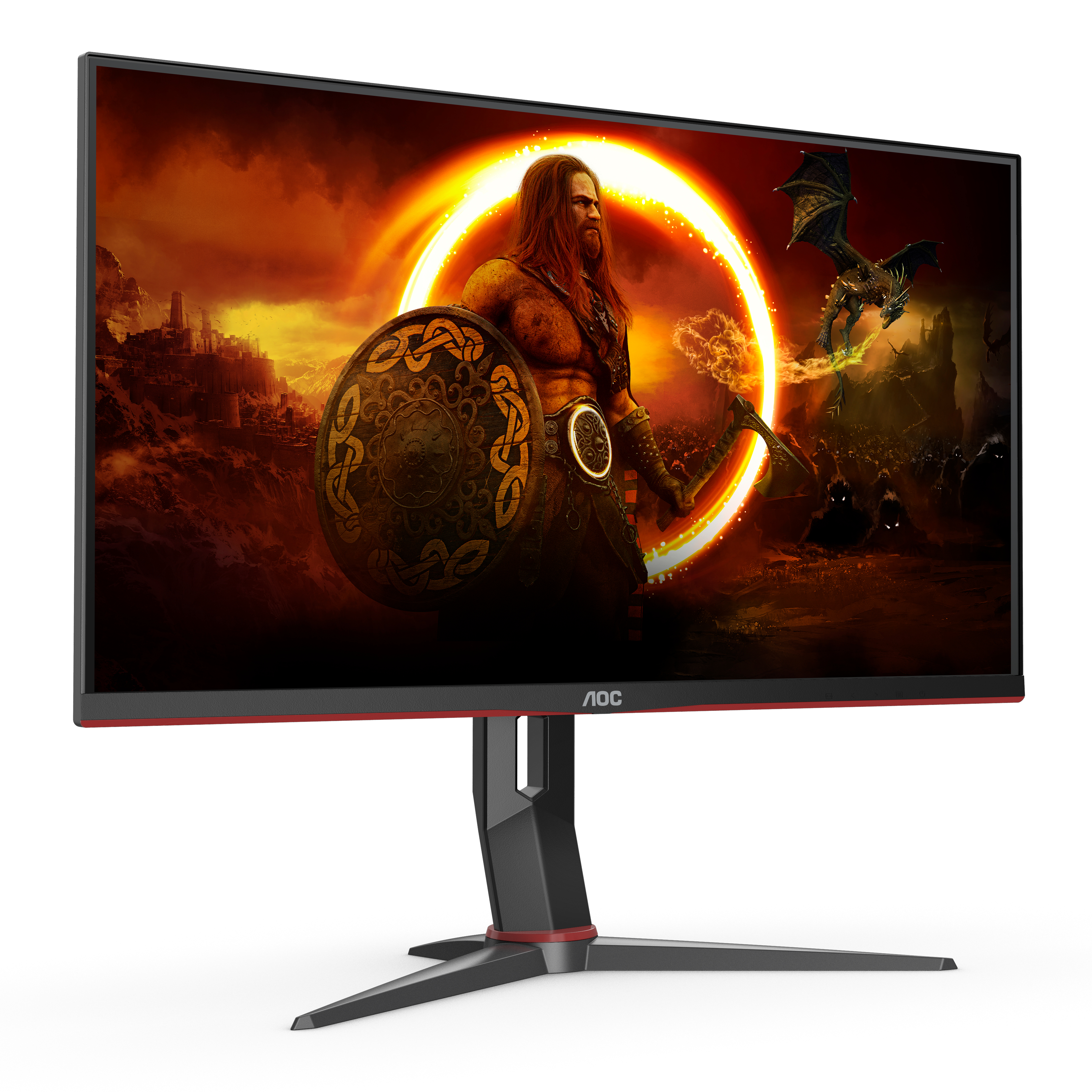 AOC-Monitor mit Spielszene. Ein Krieger, Drache und Feuer werden angezeigt.