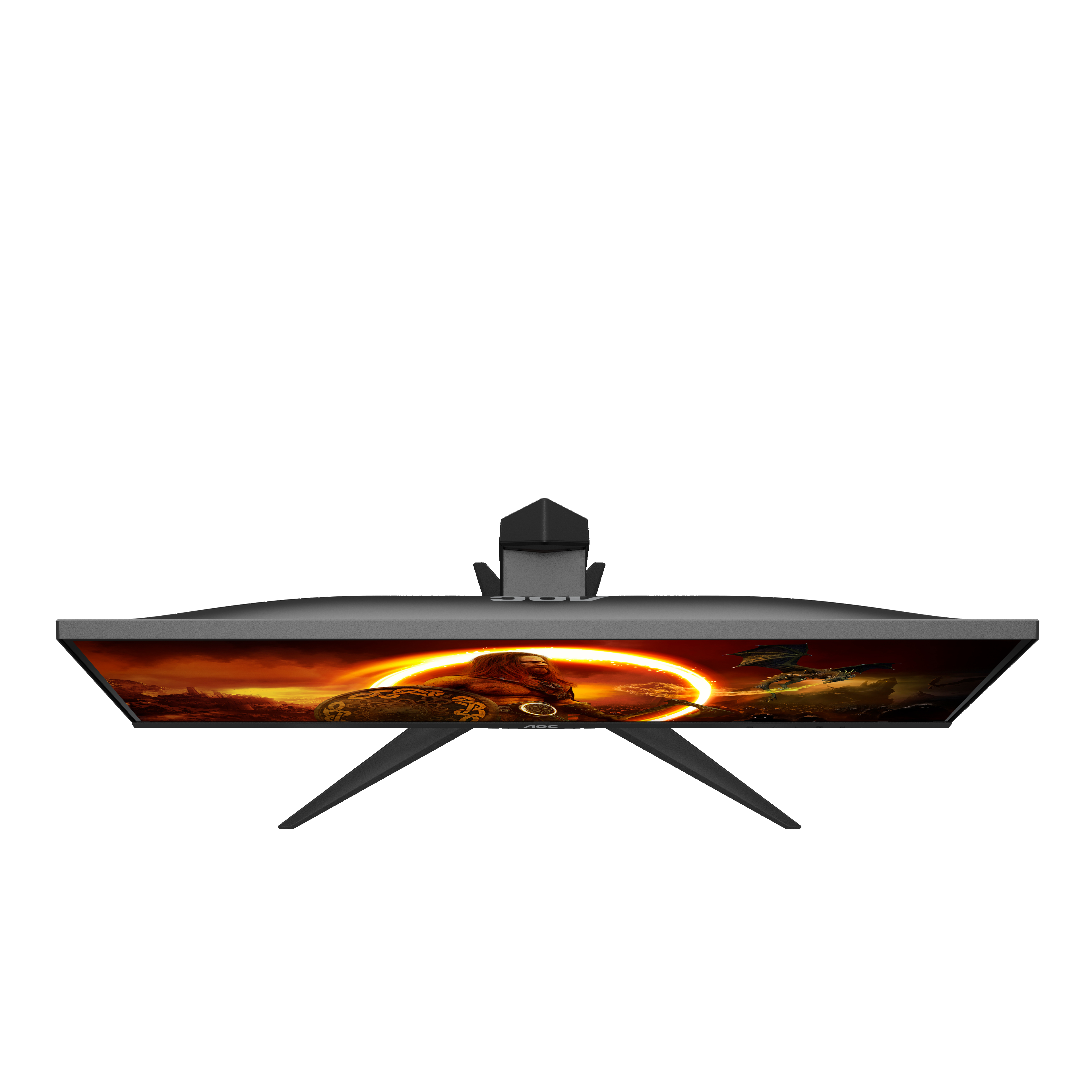 Ein Monitor von oben mit einer Spielszene auf dem Bildschirm.