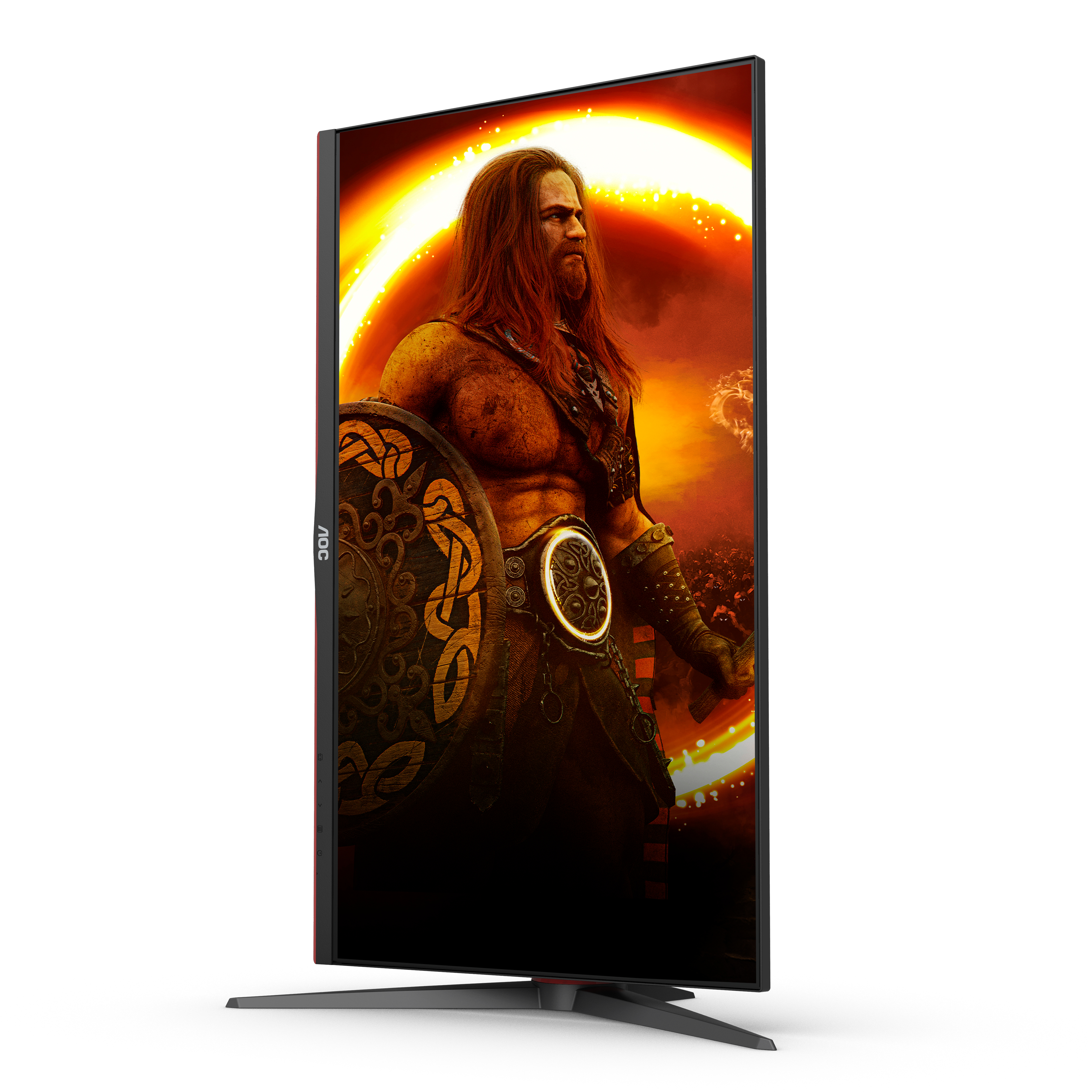 Un monitor AOC che mostra una scena di videogioco con un guerriero che tiene uno scudo contro uno sfondo infuocato.