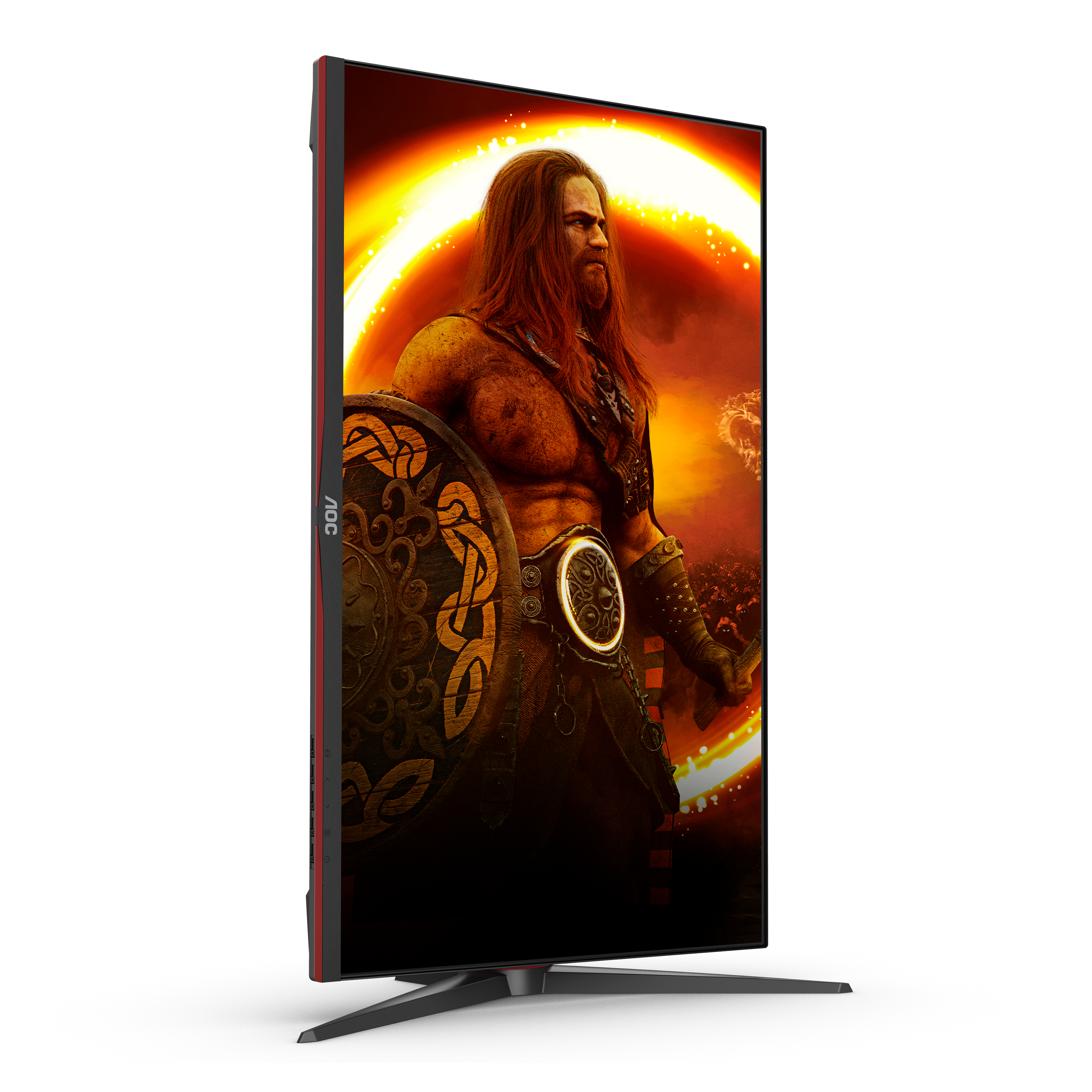 Monitor gaming di lato, mostra un'immagine di un guerriero. Accenti rossi sui lati, supporto nero.