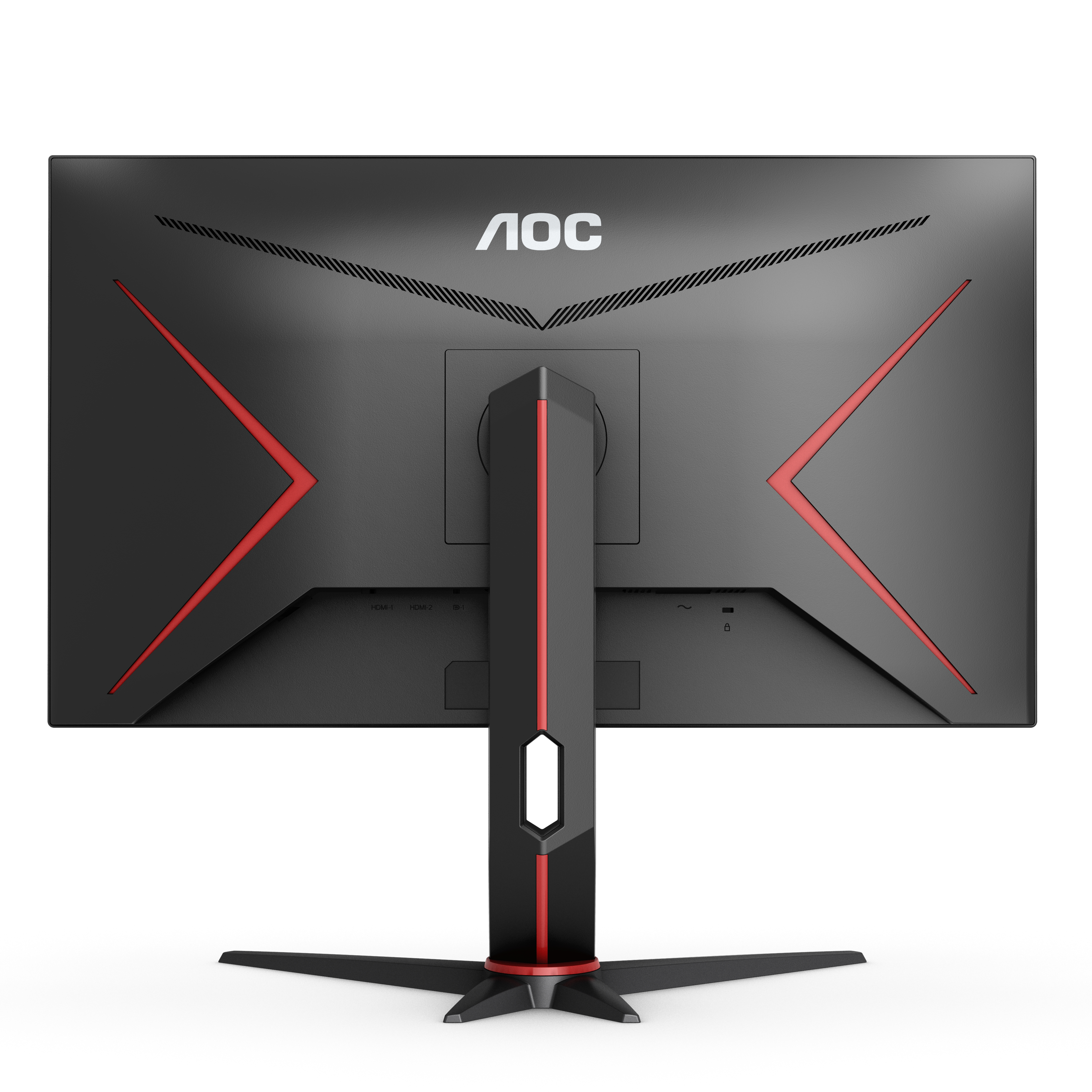 Rückansicht eines schwarzen AOC-Monitors mit roten Akzenten am Ständer.