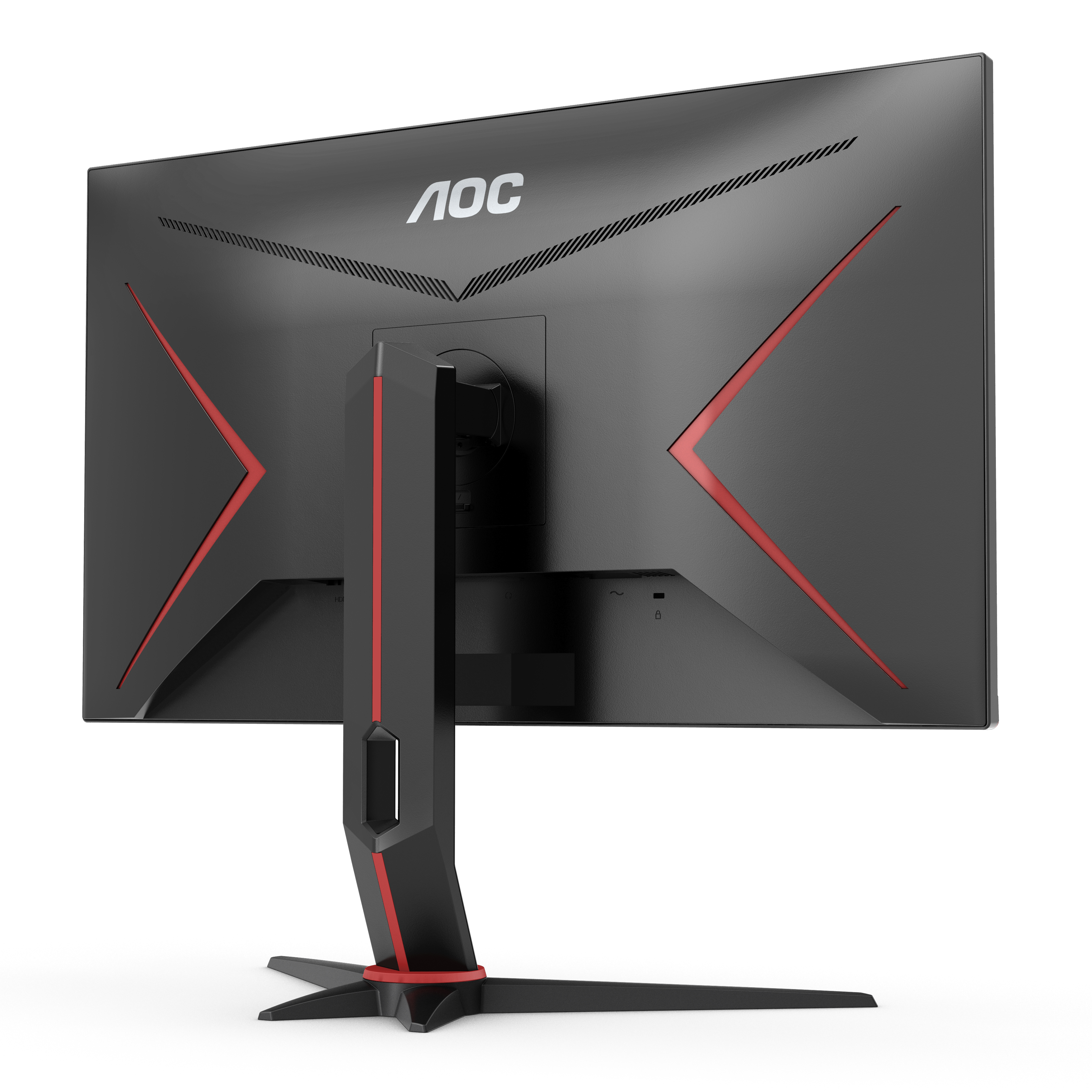 Die Rückseite eines schwarzen Monitors mit roten Akzenten und einem Ständer.
