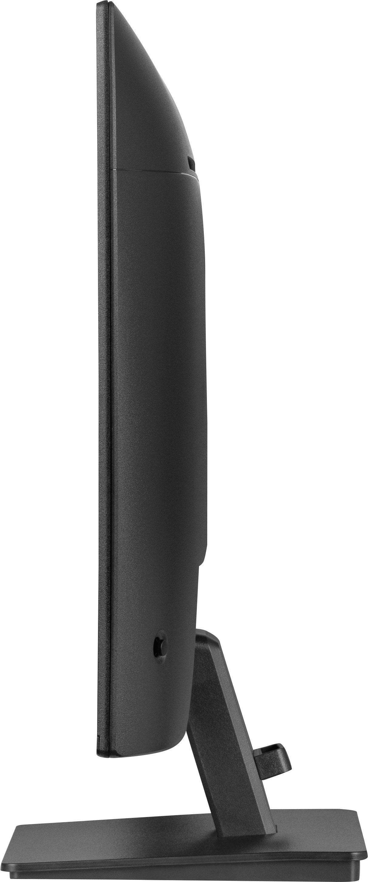 Widok z boku czarnego monitora. Pokazuje smukły profil. Stojak jest czarny. Ogólny design jest prosty.