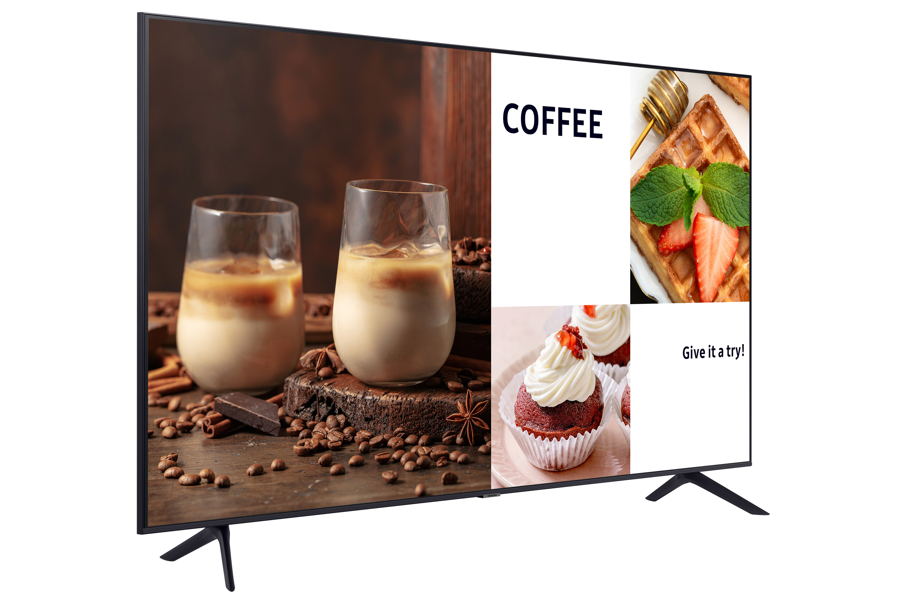 Uno schermo TV che mostra caffè, waffle e cupcake, con testo sovrapposto su uno sfondo bianco.