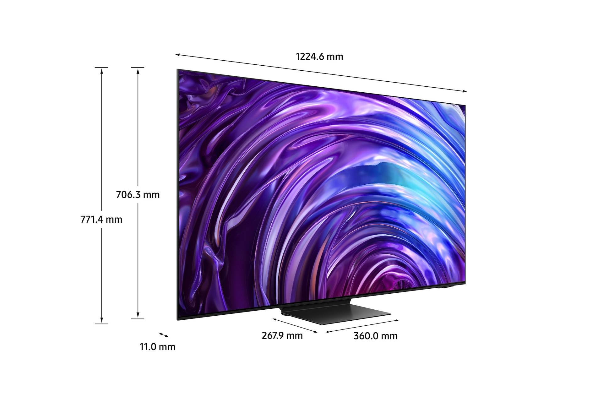 Ein Fernseher mit einem abstrakten lila-weißen Design auf einem Ständer.