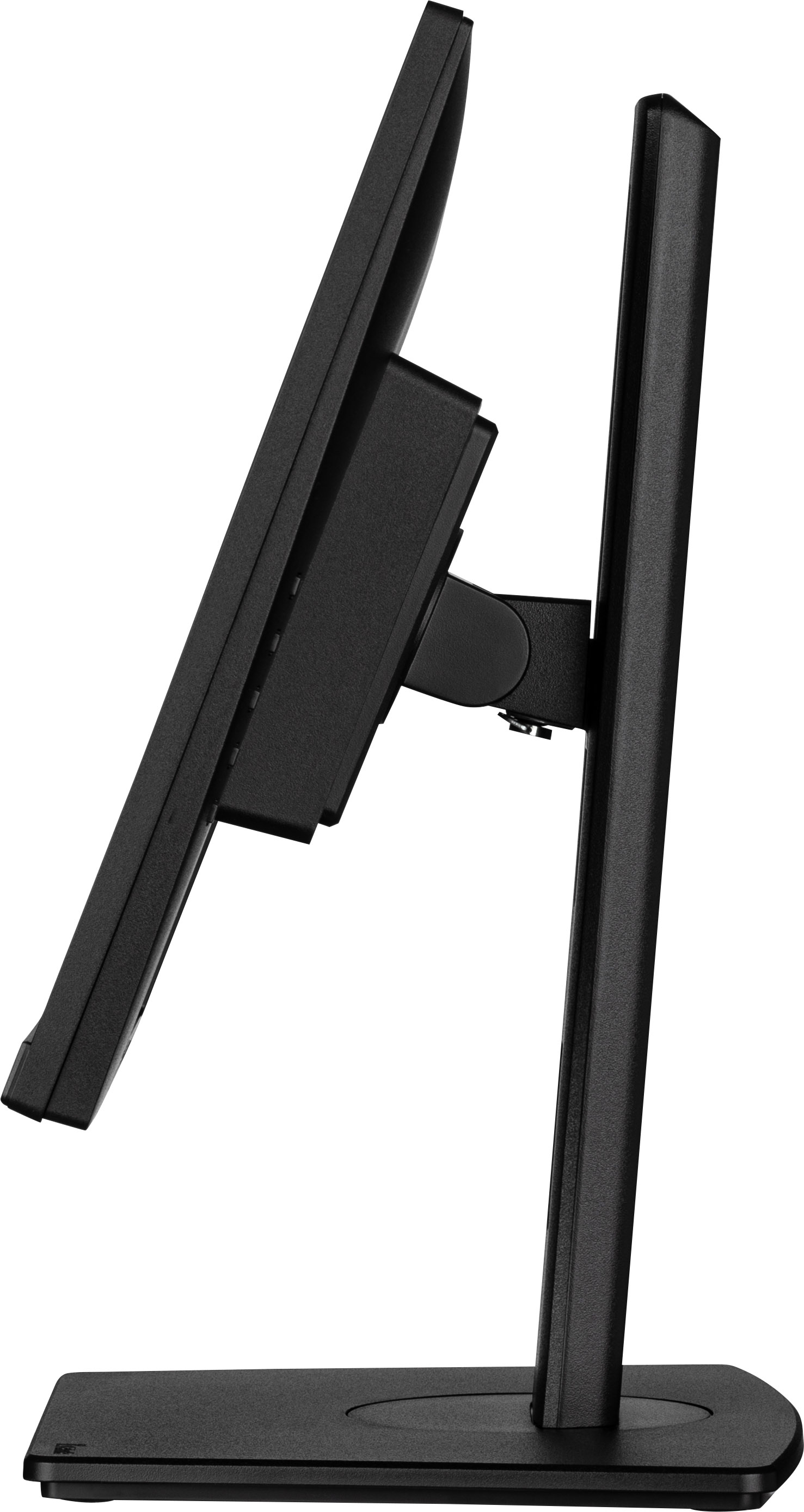 Czarny monitor komputera z boku. Jest na czarnym stojaku.