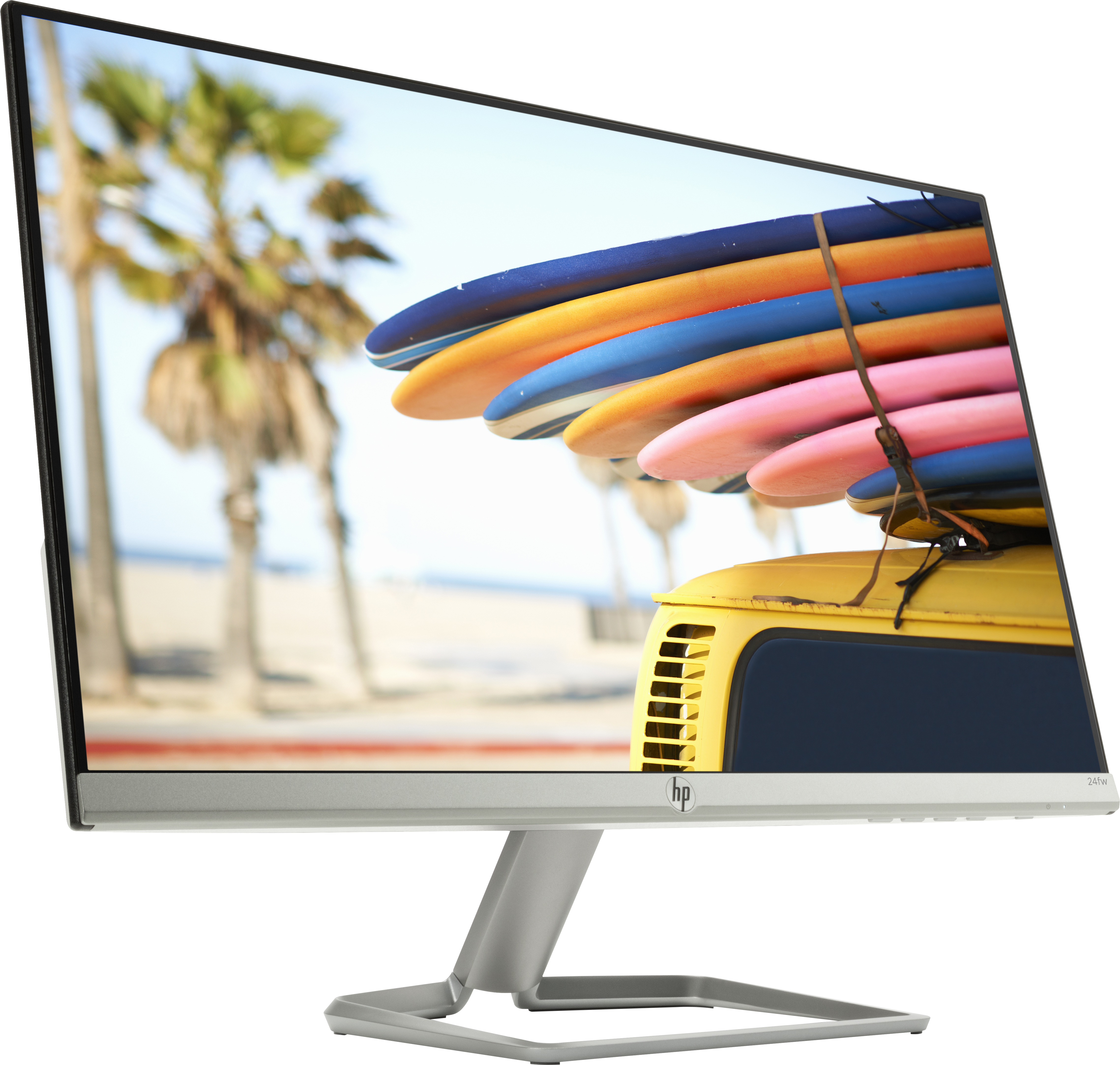 Un monitor che mostra una scena di spiaggia con tavole da surf su un furgone giallo. Il monitor è argento.