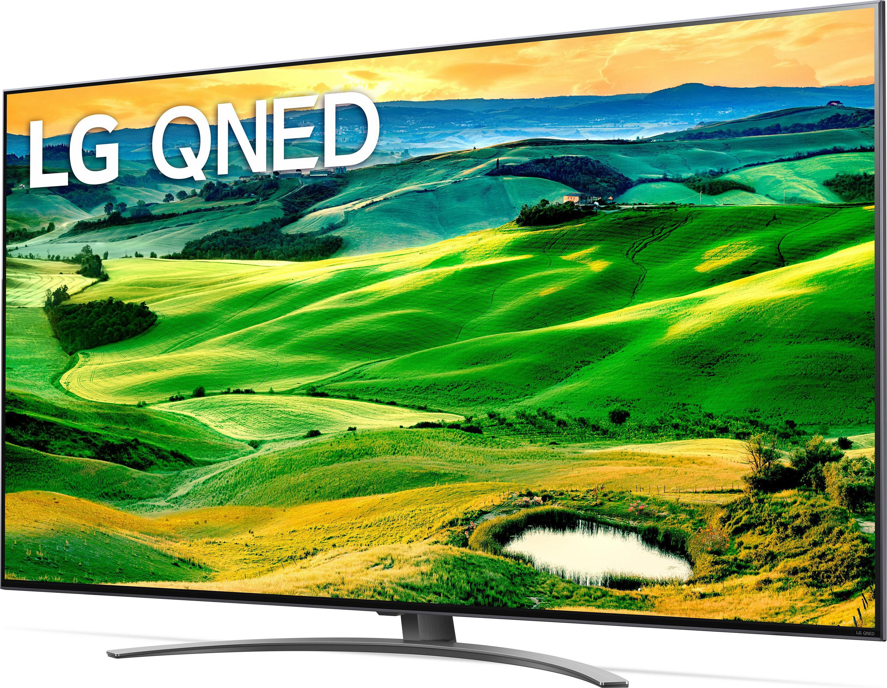Telewizor LG QNED z krajobrazem z zielonymi polami i stawem.