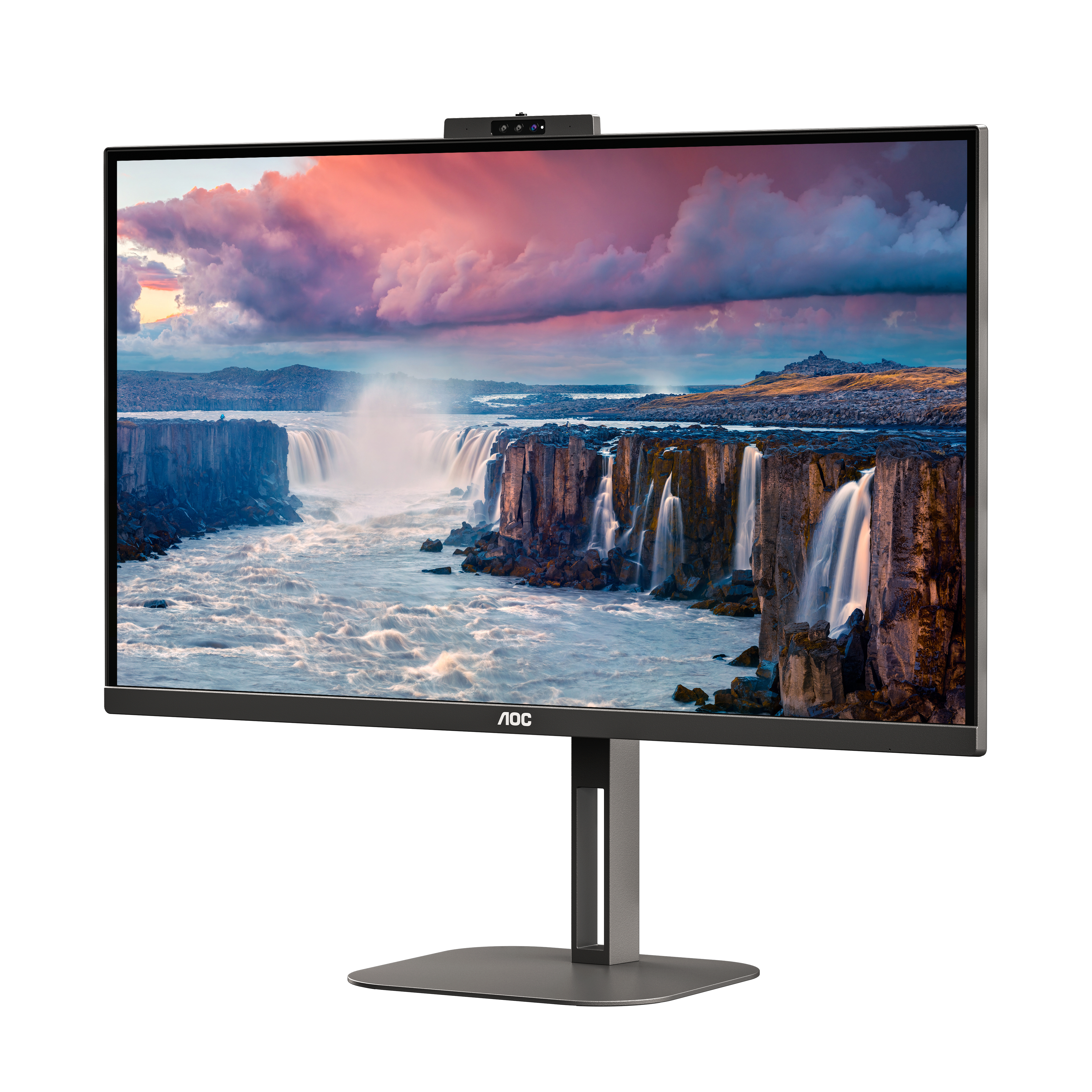 Monitor AOC que muestra un paisaje. El monitor está sobre un soporte.