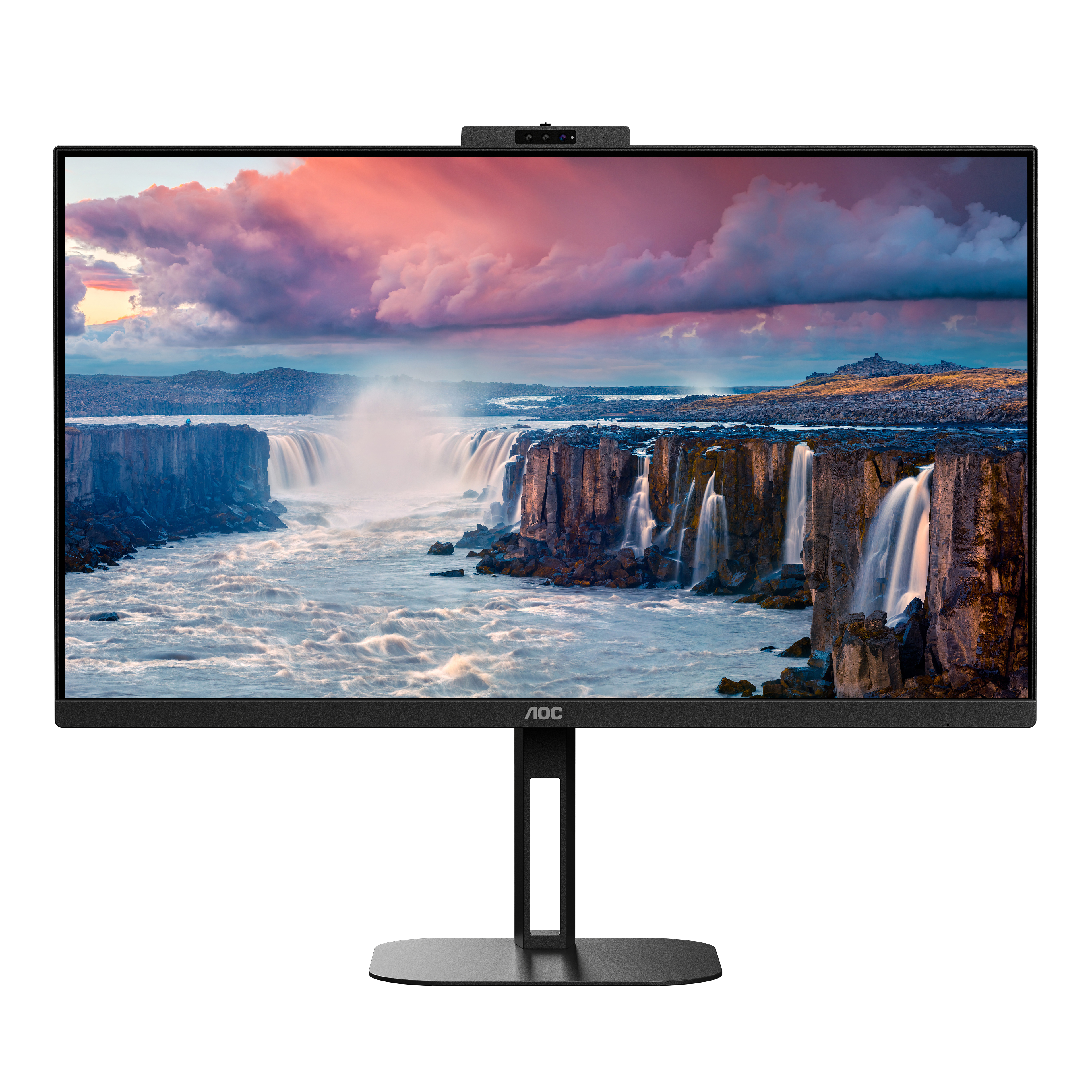 Un monitor negro muestra una escena de cascada con un cielo colorido. Tiene una base negra.