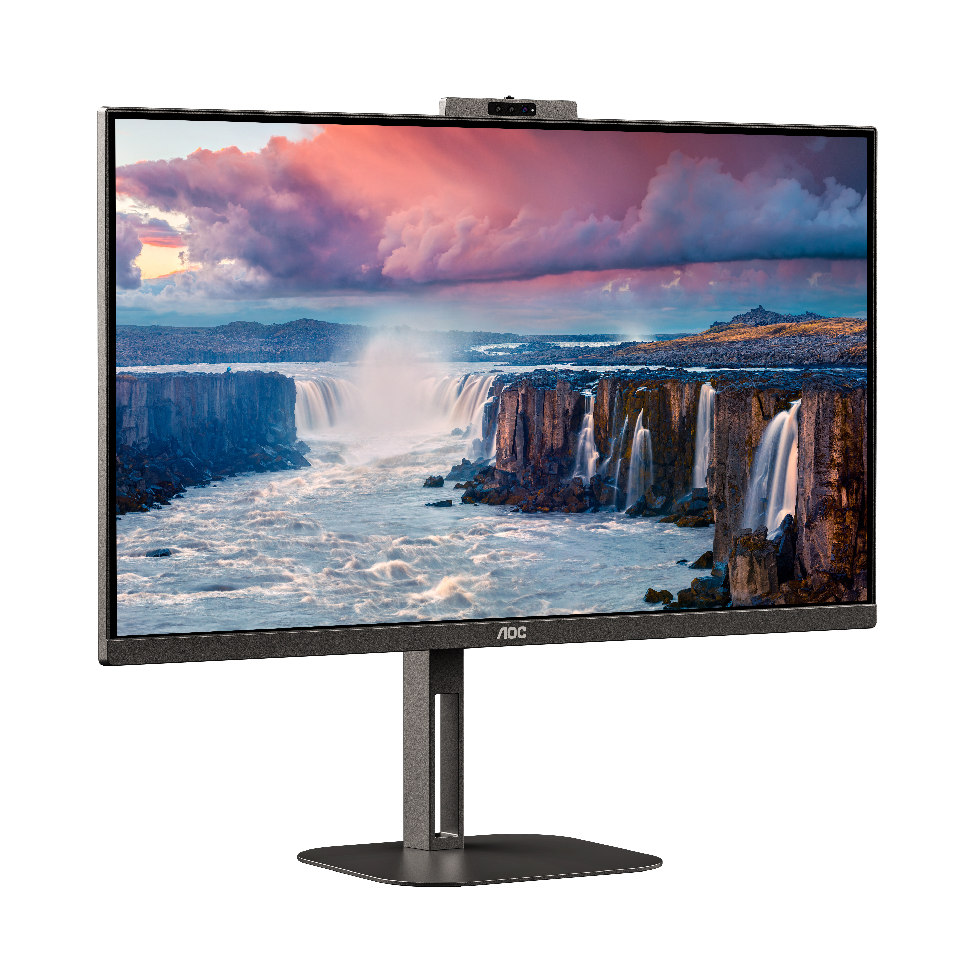 Monitor AOC con escena de cascada y webcam en la parte superior.