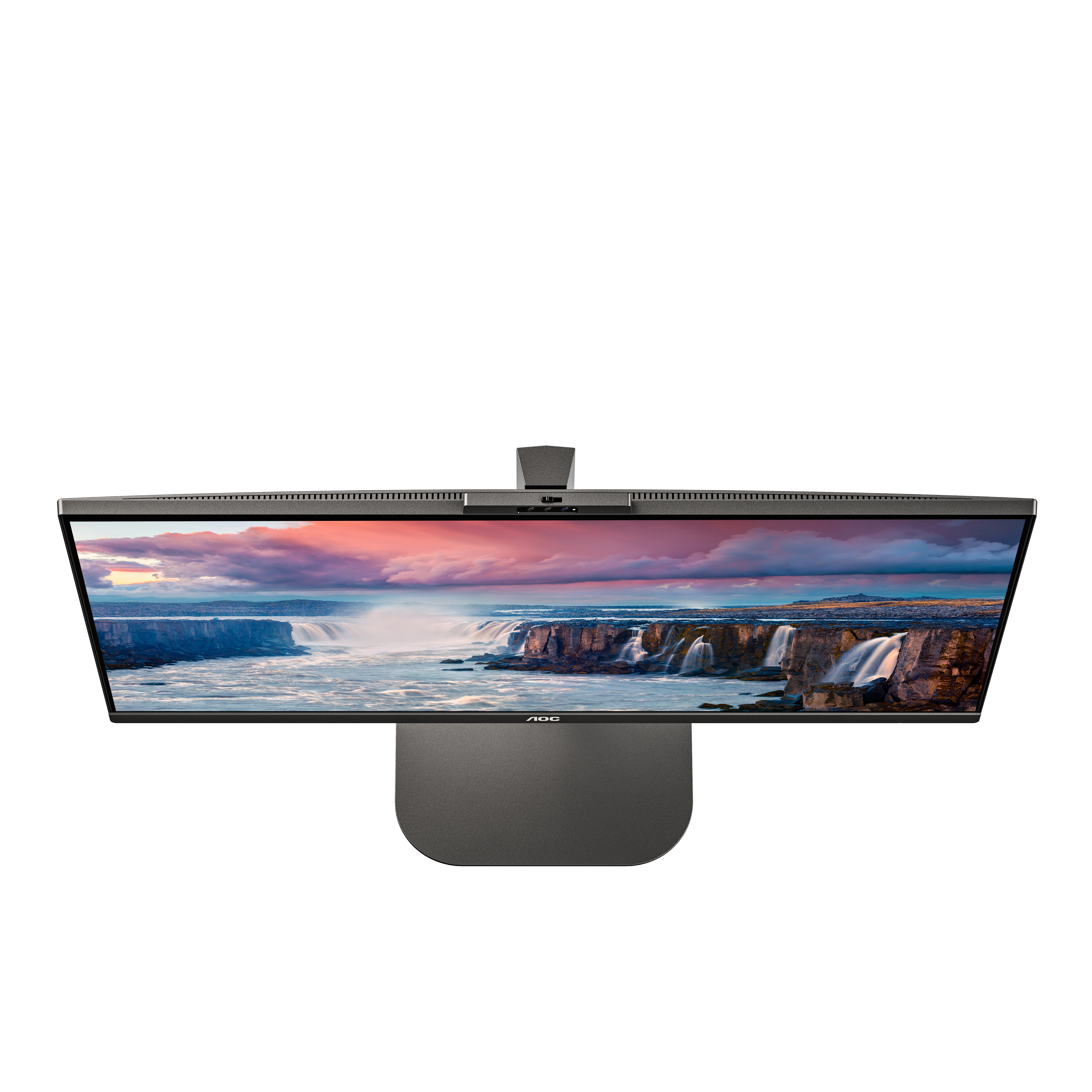 Monitor AOC visto desde arriba, mostrando una imagen de cascada en la pantalla.