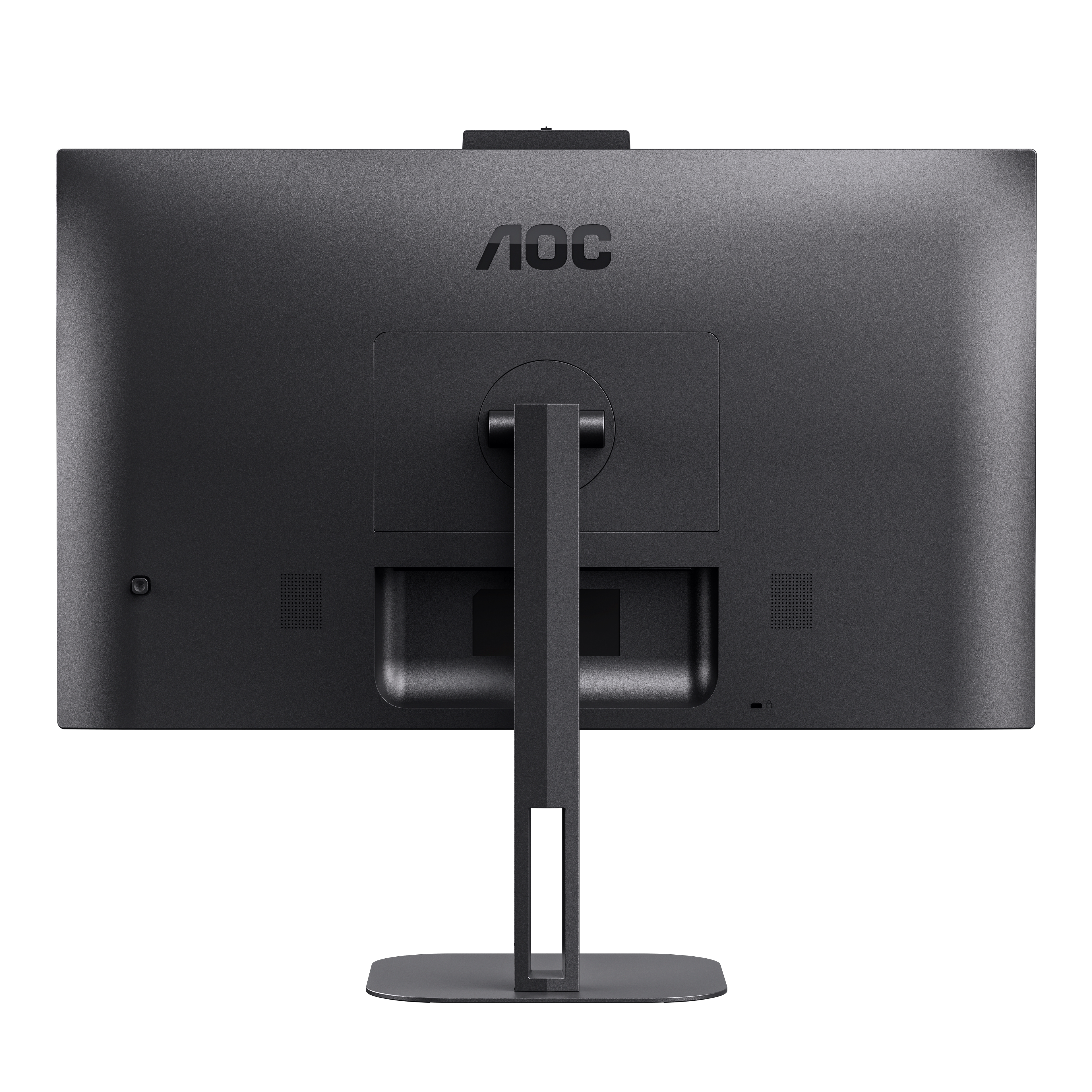 Vista trasera de un monitor negro con el logotipo de AOC y un soporte simple.