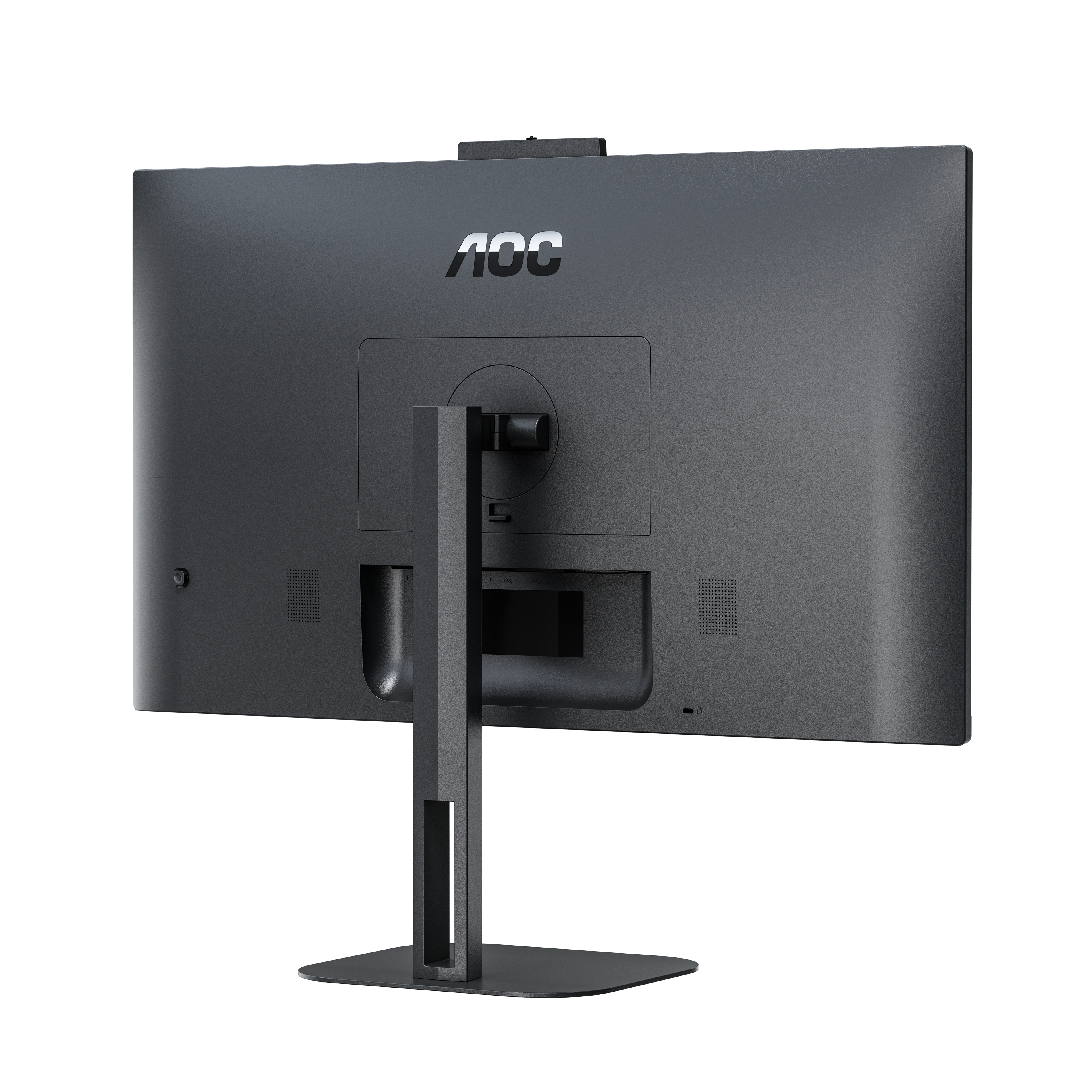 Vista trasera de un monitor negro con soporte, con la marca 'AOC'.