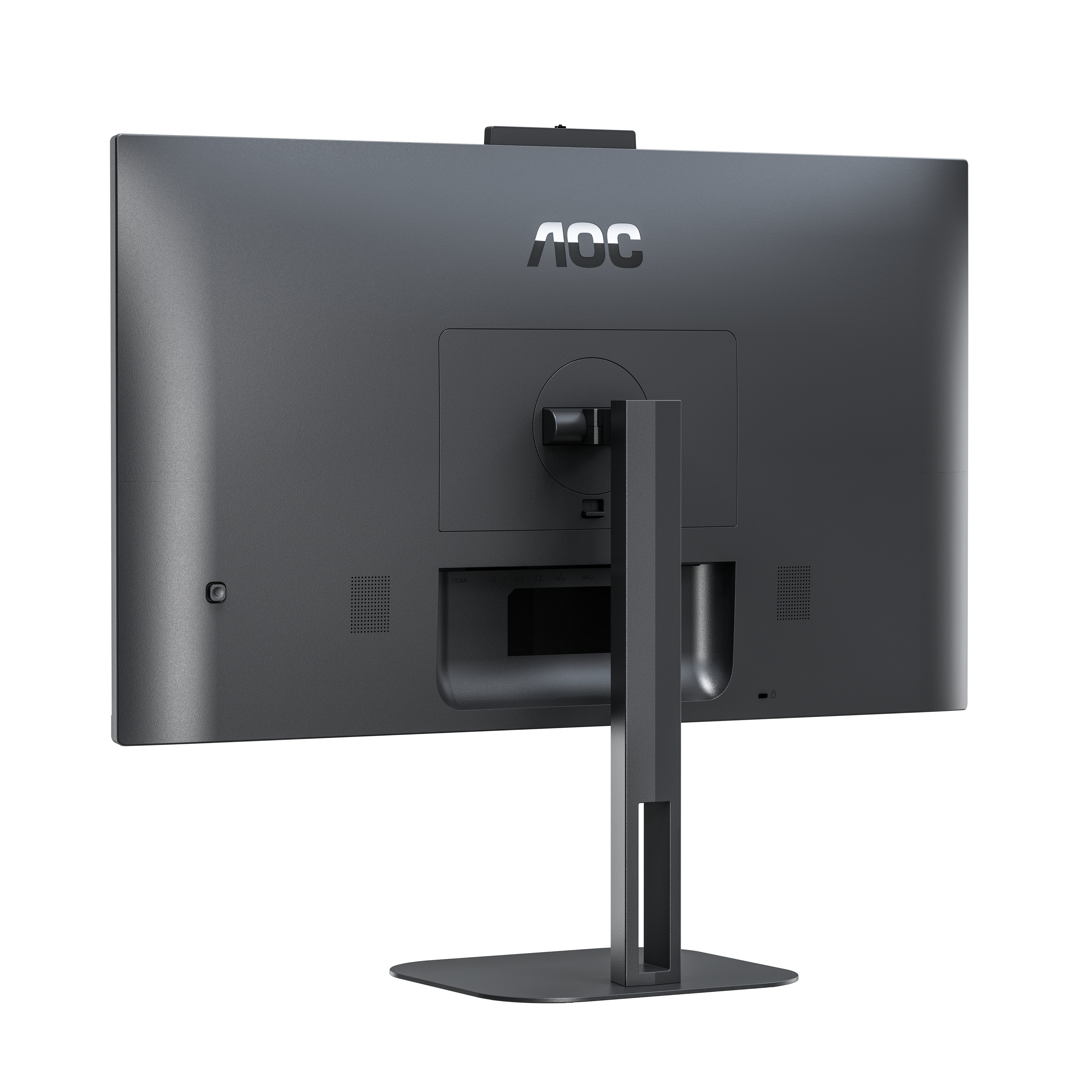 Parte trasera de un monitor gris oscuro con soporte. Logotipo de AOC arriba.