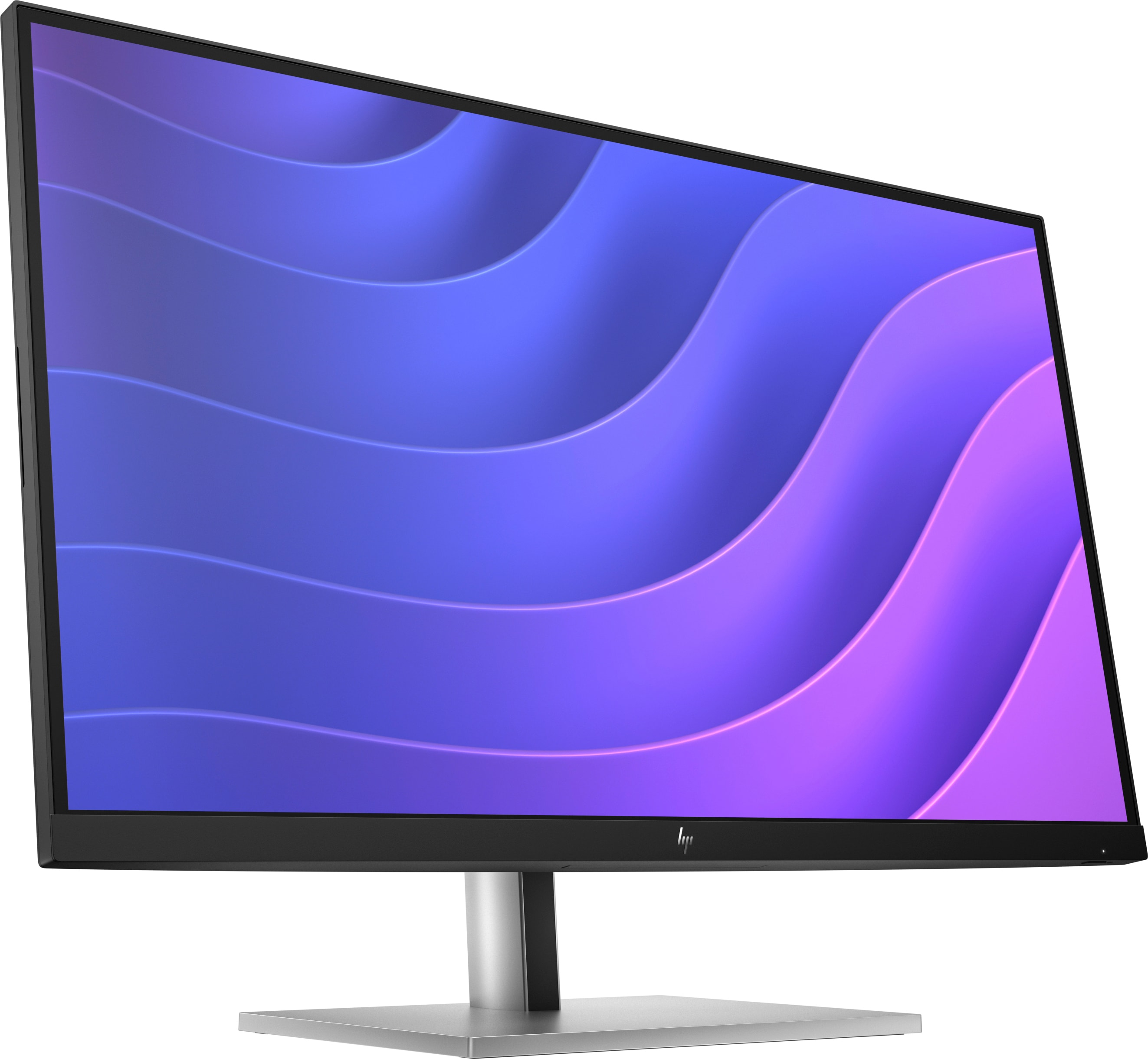 Un monitor HP muestra un patrón ondulado abstracto púrpura y azul sobre un fondo blanco.