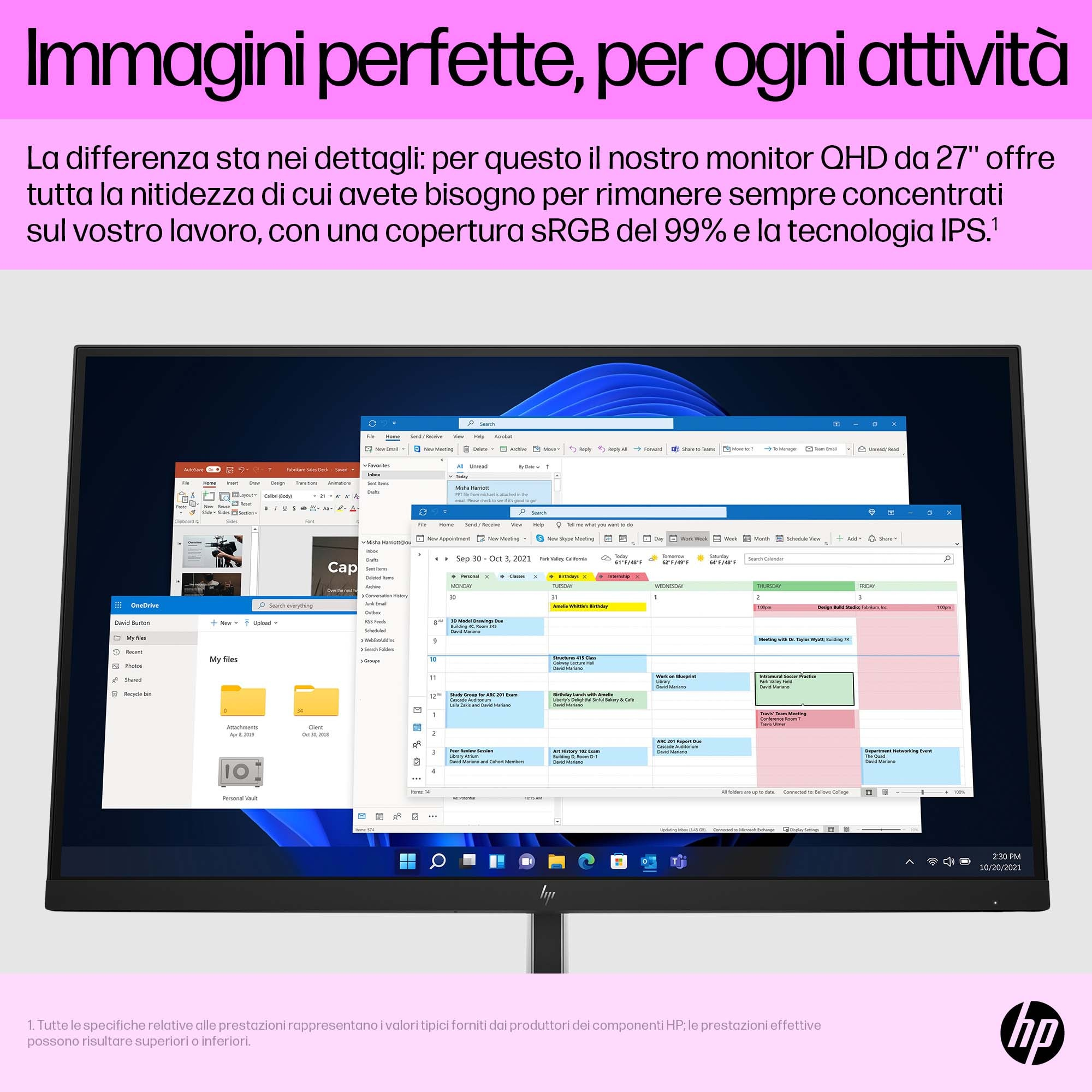 Un monitor muestra varias ventanas. El monitor está sobre un soporte negro. El fondo es blanco.