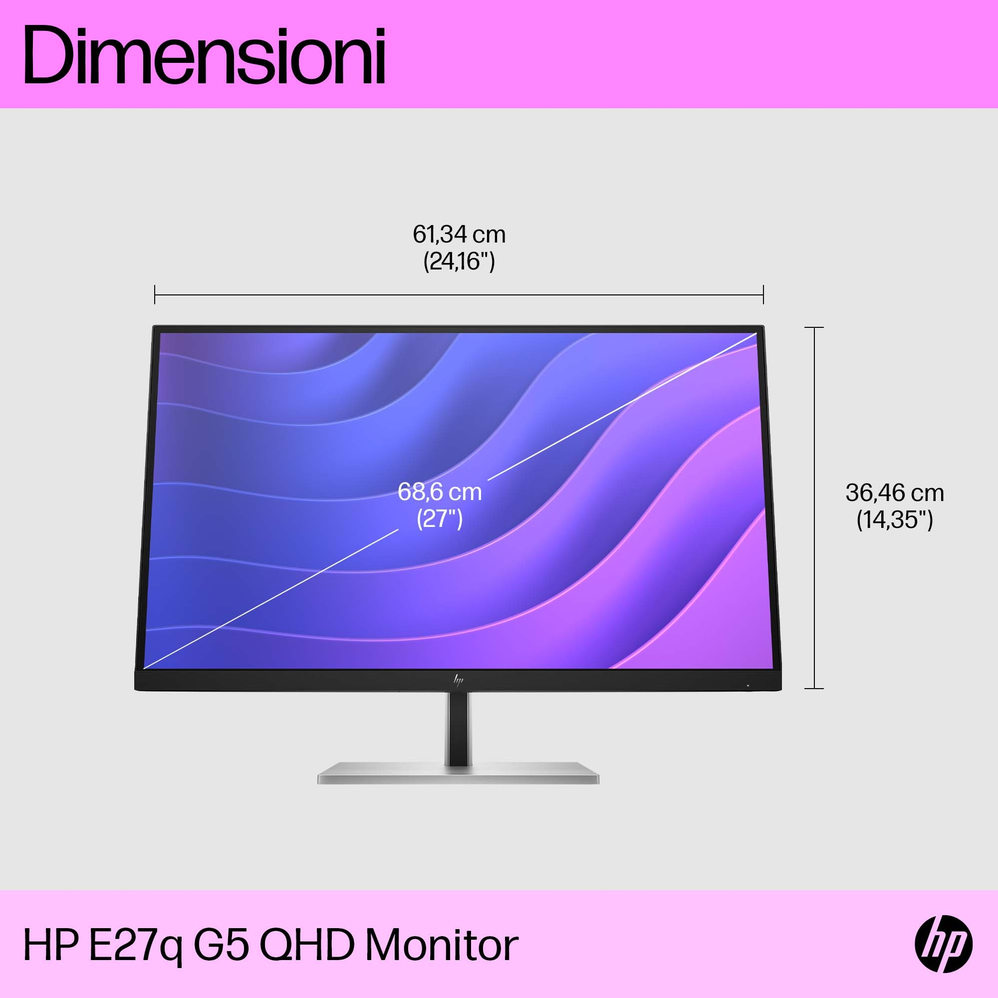 Un monitor HP con etiquetas de dimensiones sobre un fondo rosa. El monitor es negro con soporte plateado.