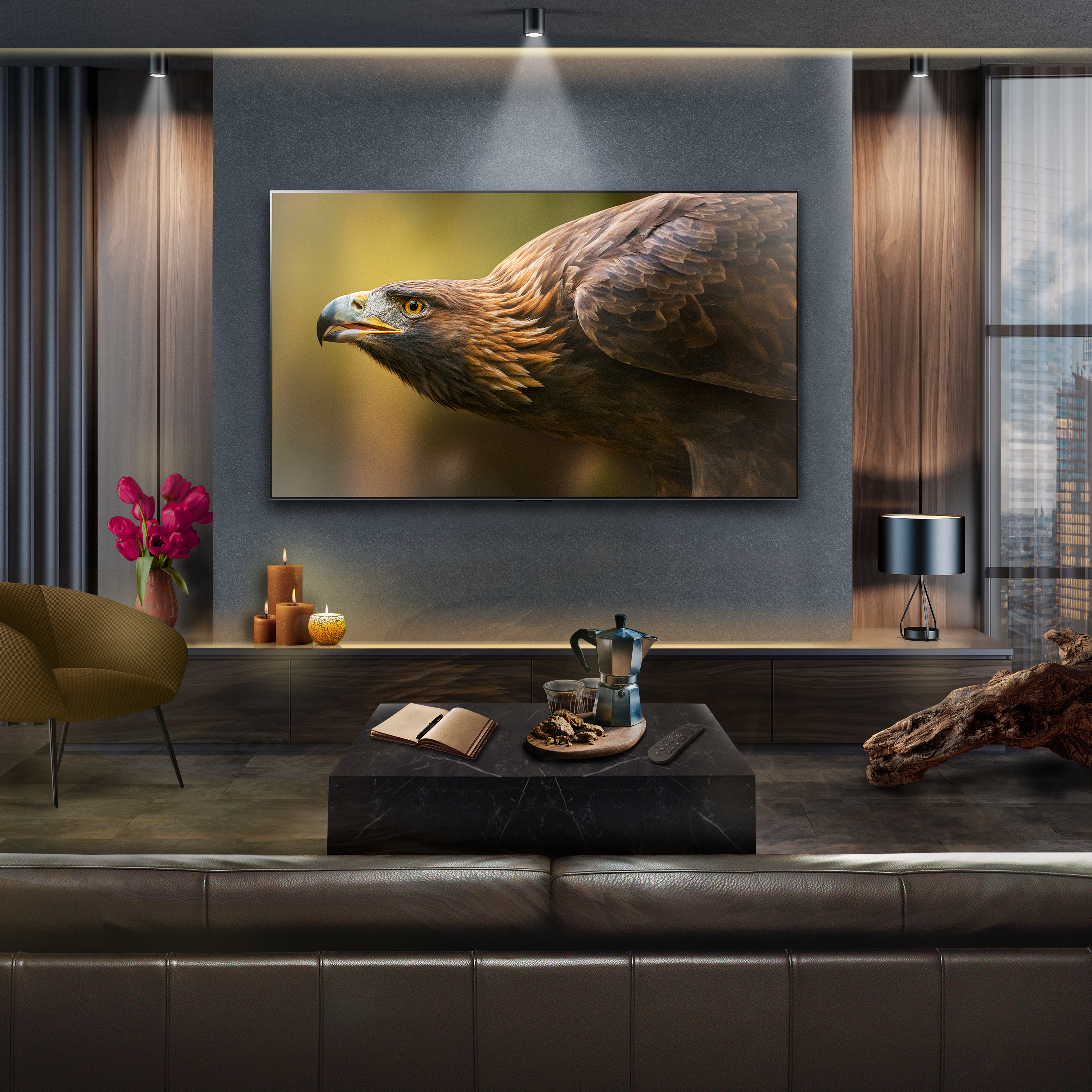 Ein Wohnzimmer mit einem Fernseher, der einen Adler zeigt, und einem Couchtisch.