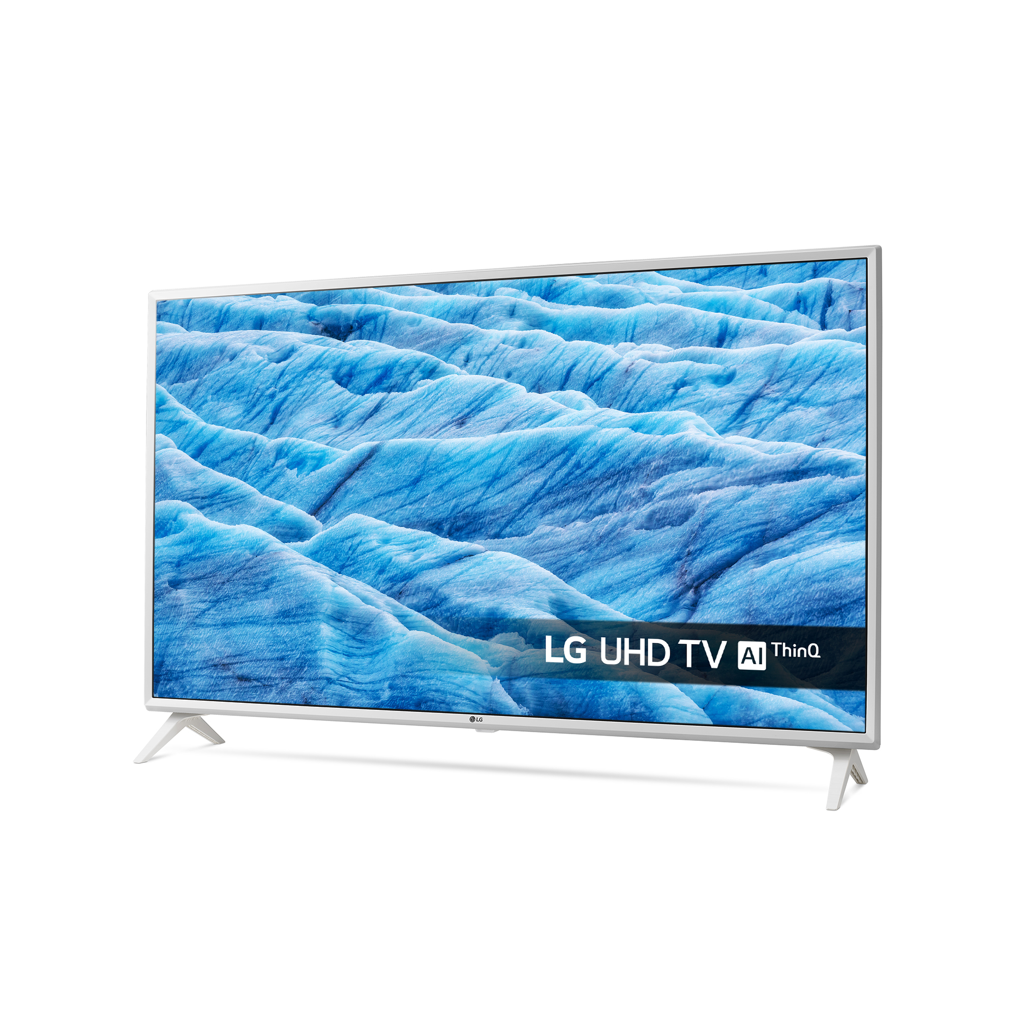 Una TV LG UHD bianca con sfondo blu ghiacciato.