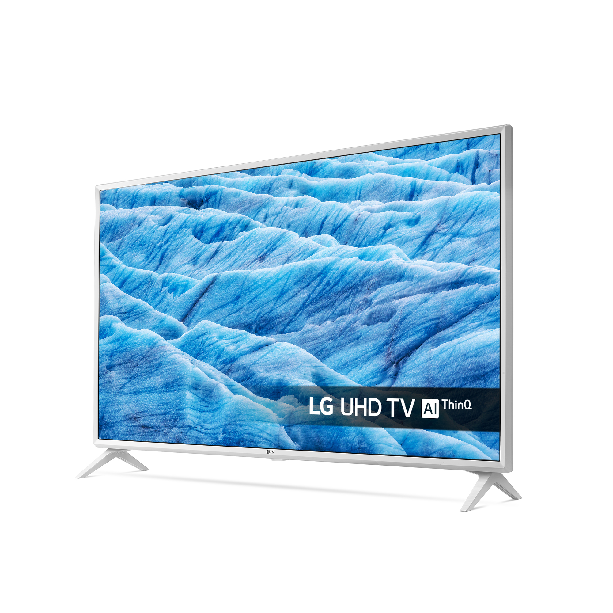 TV LG UHD con cornice bianca e immagine di ghiacciaio blu.