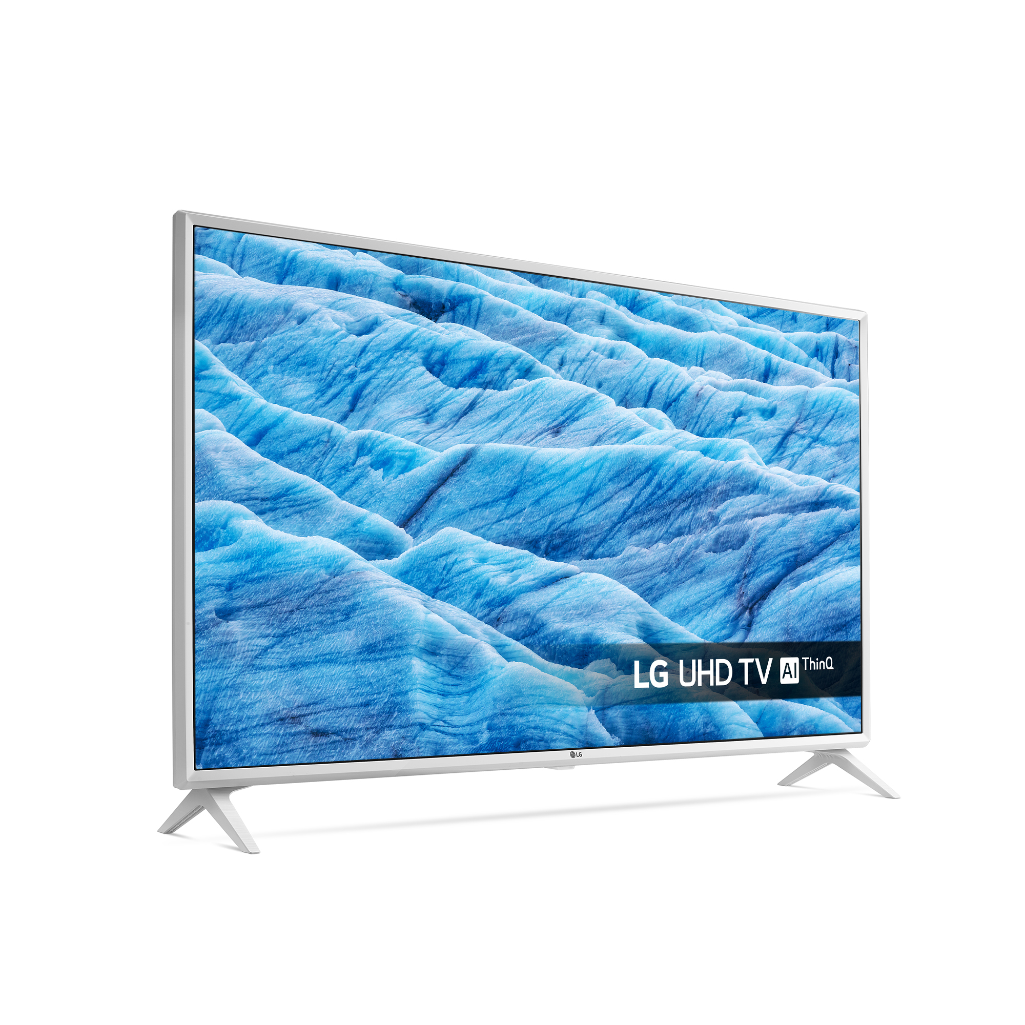 TV LG bianco con immagine di ghiacciaio blu. Il TV ha cornice e supporto bianchi.