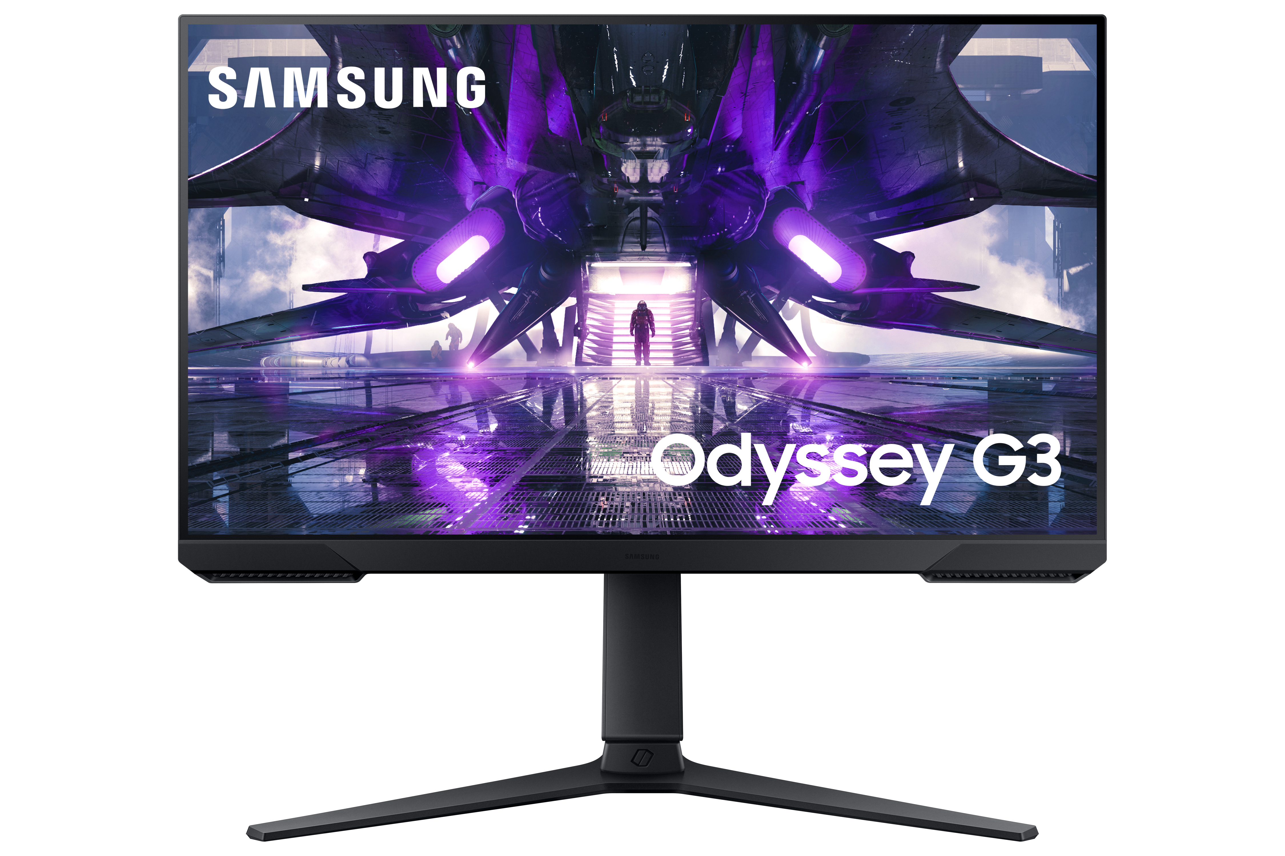 Un monitor Samsung Odyssey G3 ha una cornice e un supporto neri. Lo schermo mostra una scena futuristica.