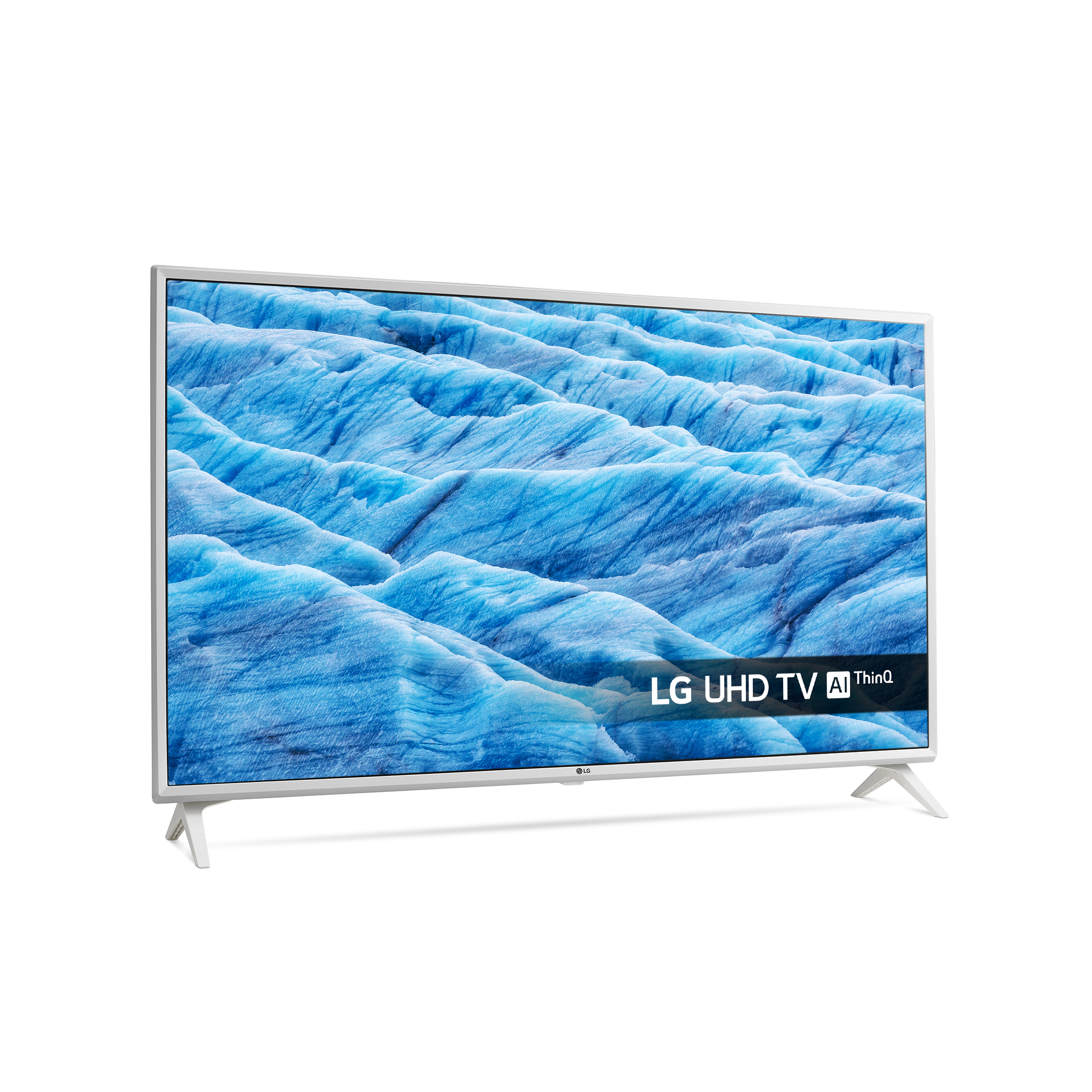 TV LG UHD bianco che mostra un paesaggio glaciale blu sullo schermo.