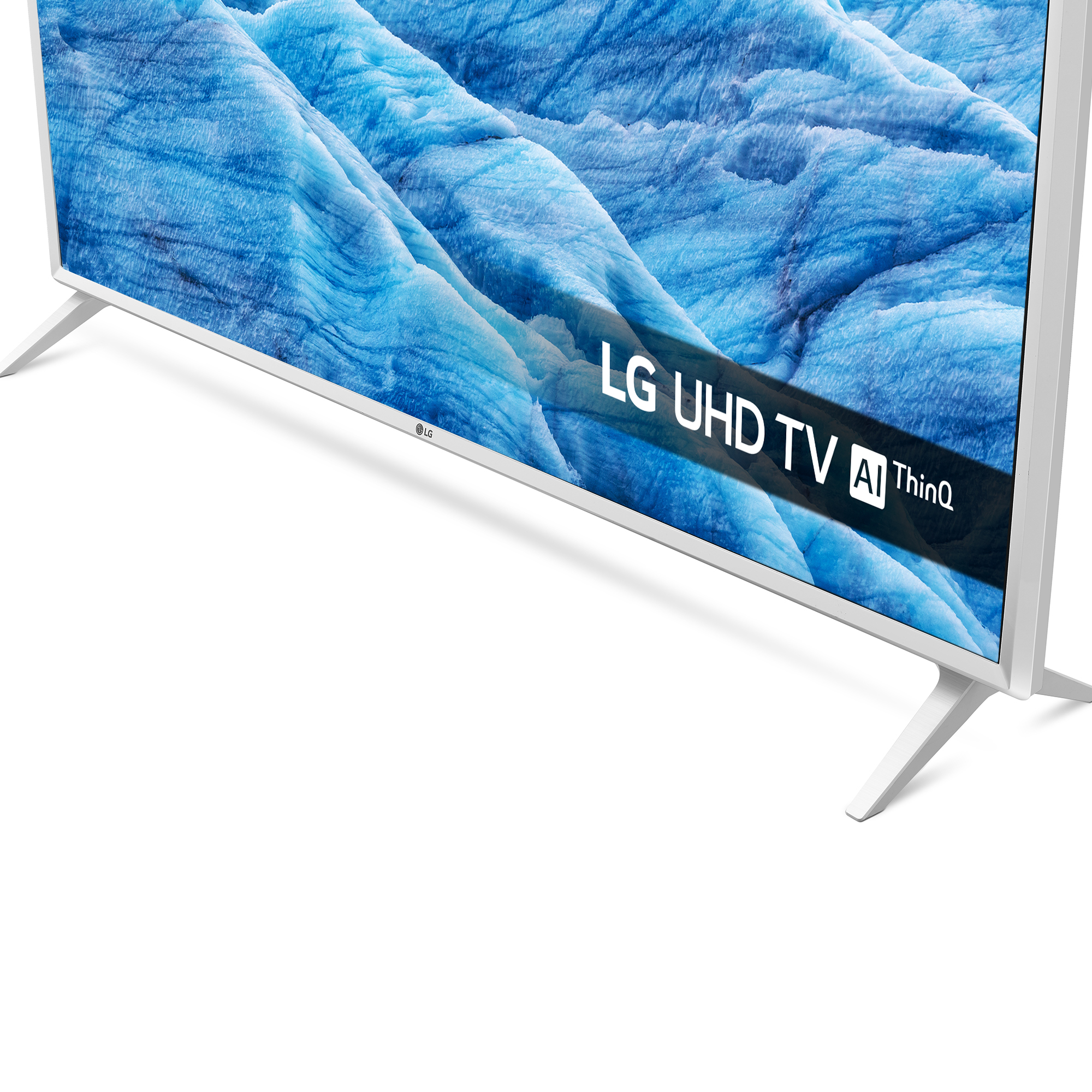 Un TV LG che mostra una scena di ghiacciaio blu, con cornice e supporto bianchi, e logo.