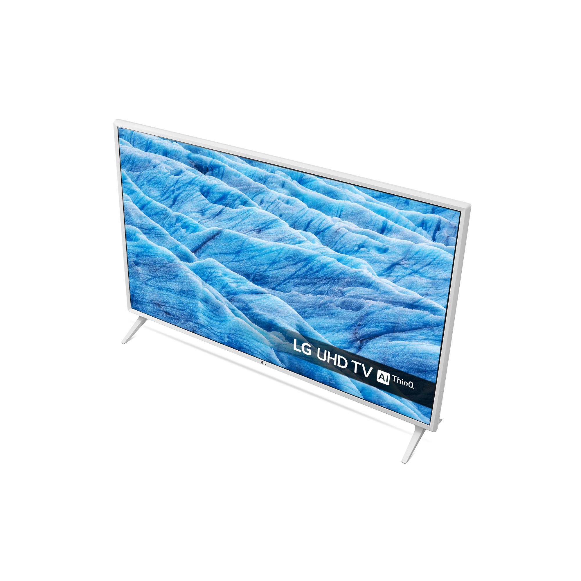 Una TV LG bianca con un paesaggio blu sullo schermo, su sfondo bianco.