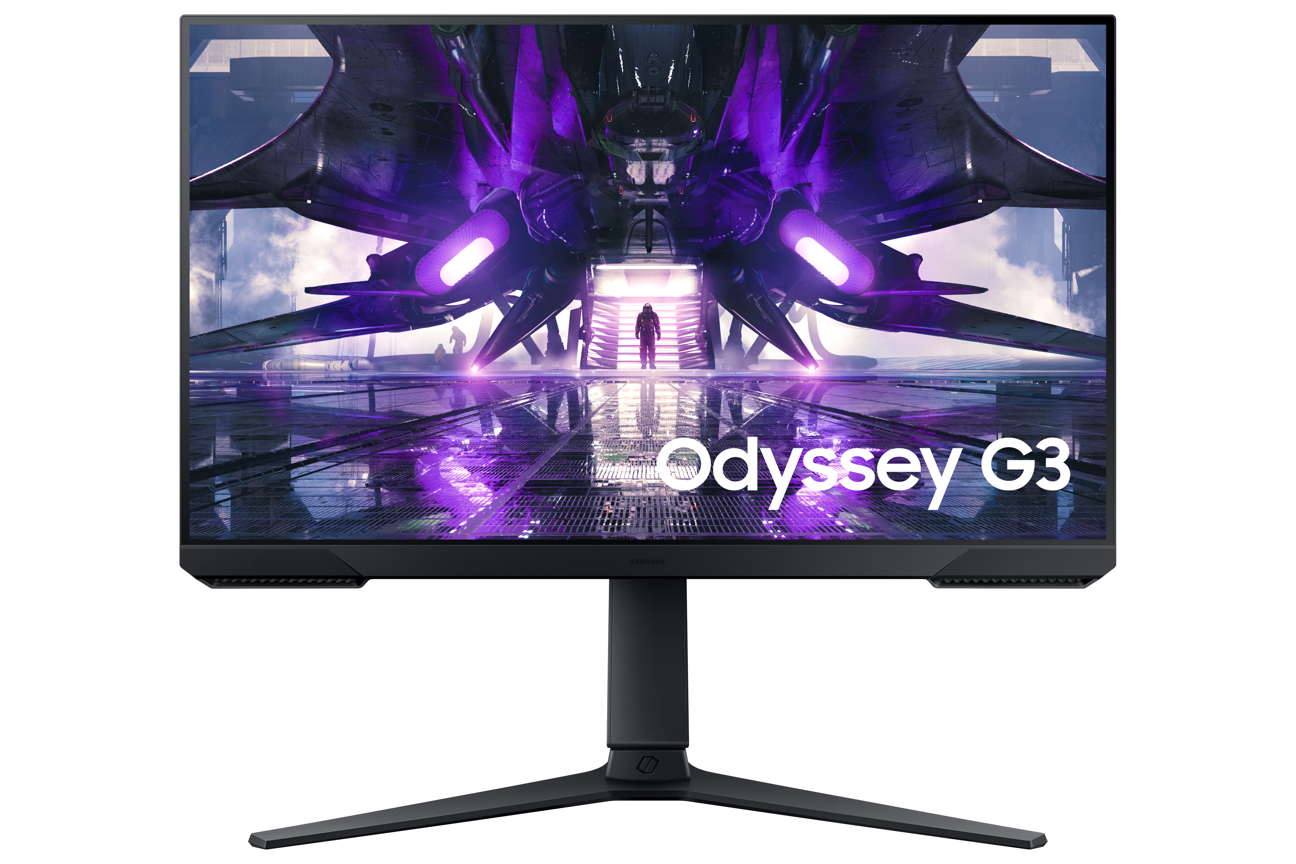 Un monitor con una scena di gioco sullo schermo. Il monitor ha un supporto nero. Lo sfondo è bianco.