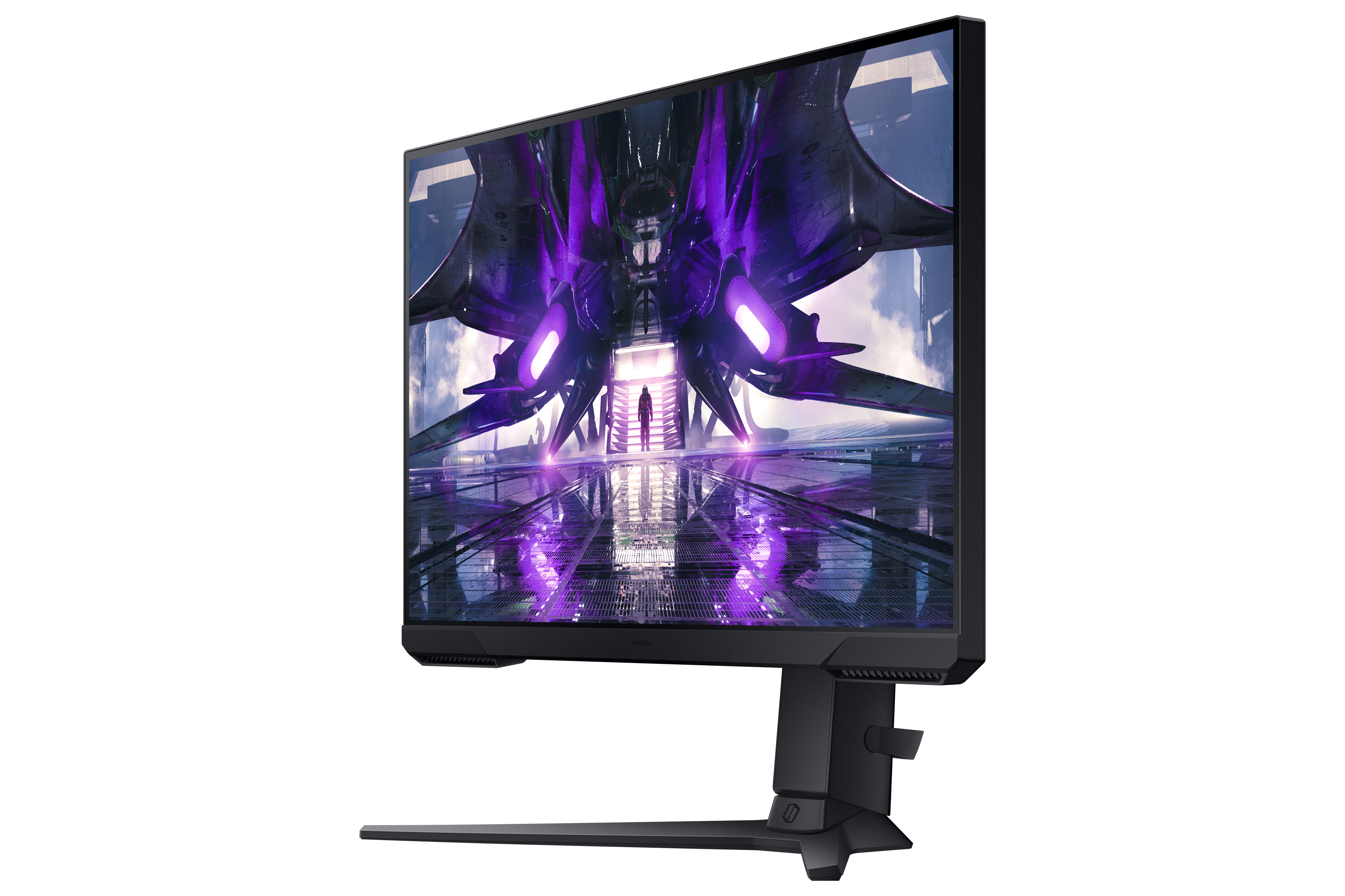 Monitor gaming Samsung. Il display ha una grafica futuristica di una città con accenti viola.