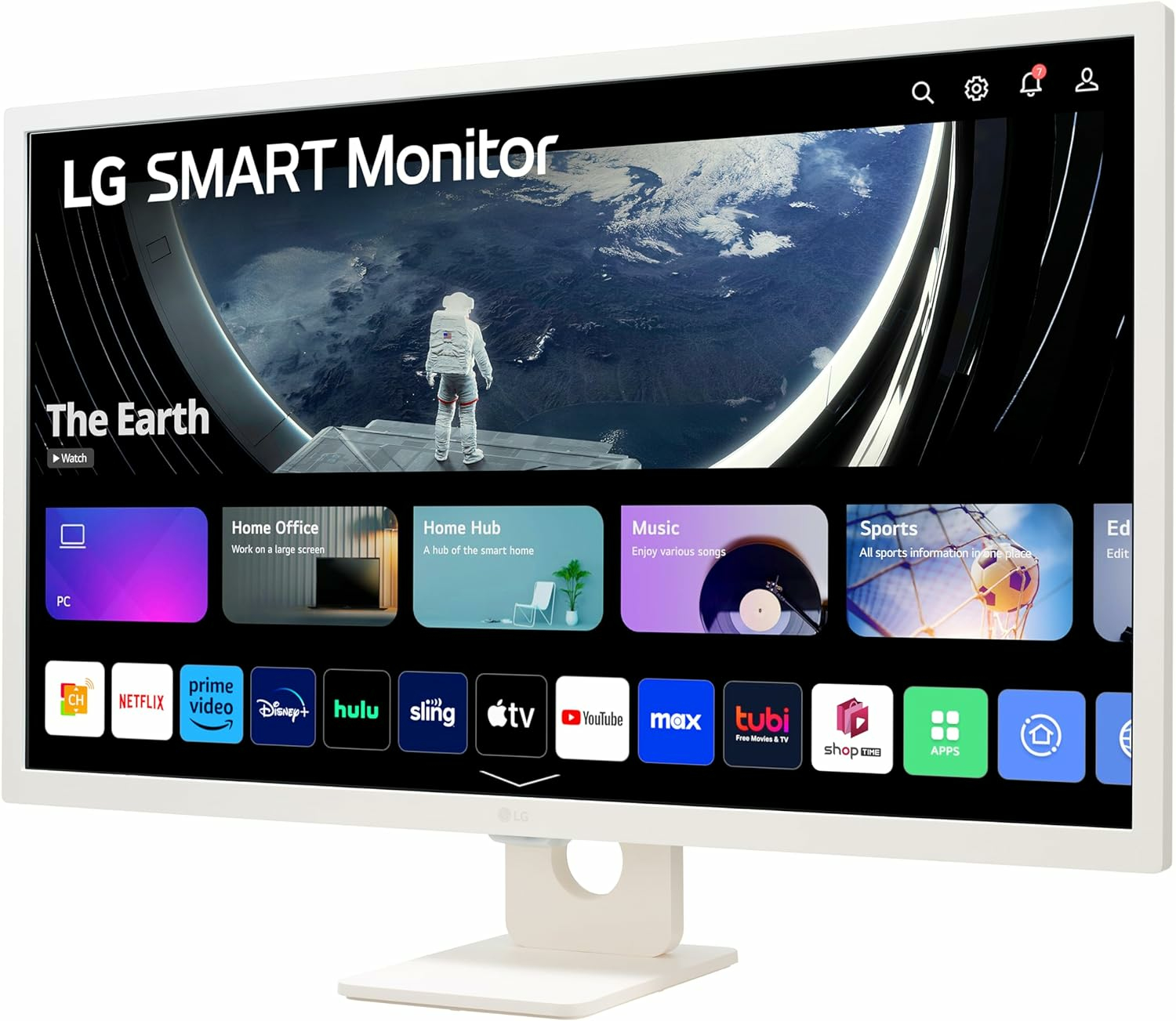 Biały monitor LG Smart wyświetlający menu z aplikacjami, scenę kosmiczną i obrazem astronauty.