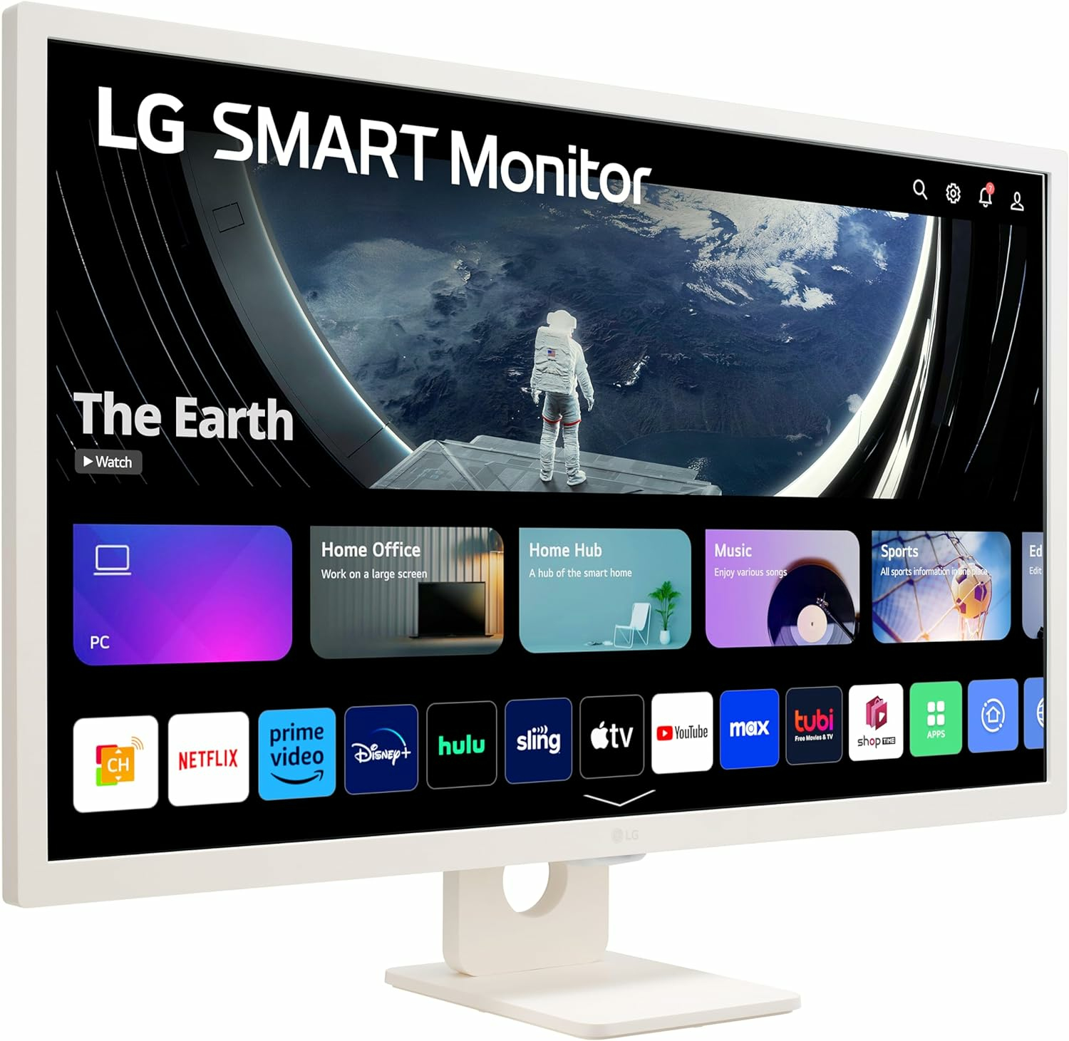Biały monitor LG Smart z astronautą, aplikacjami i napisem "The Earth".