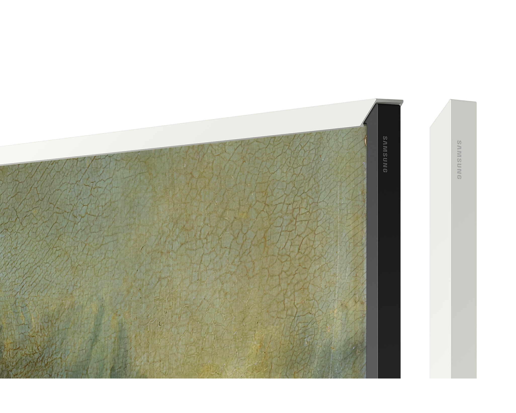 Zbliżenie ekranu telewizora z białą ramką i czarną obwódką.