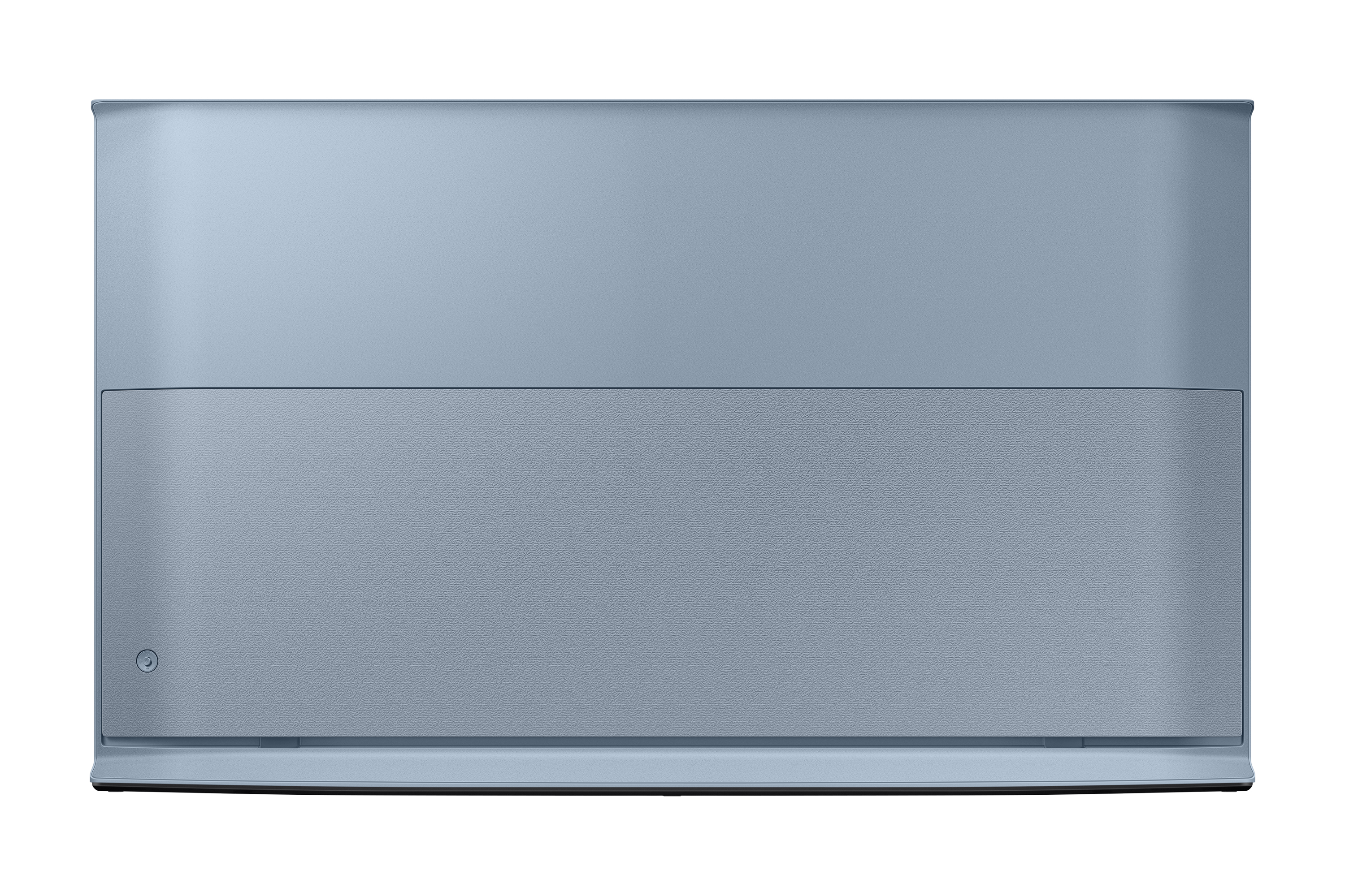 Niebieski prostokąt z zaokrąglonym wierzchem. Mały, okrągły przycisk znajduje się po lewej stronie.