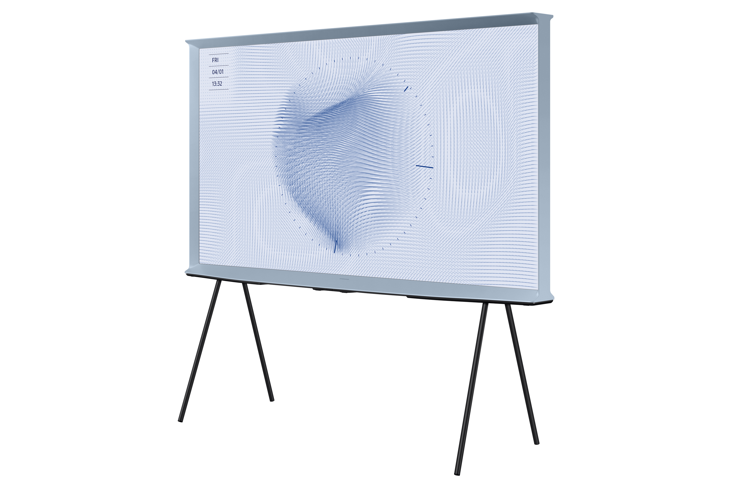 Nowoczesny telewizor na stojaku. Ekran wyświetla niebiesko-biały geometryczny wzór.