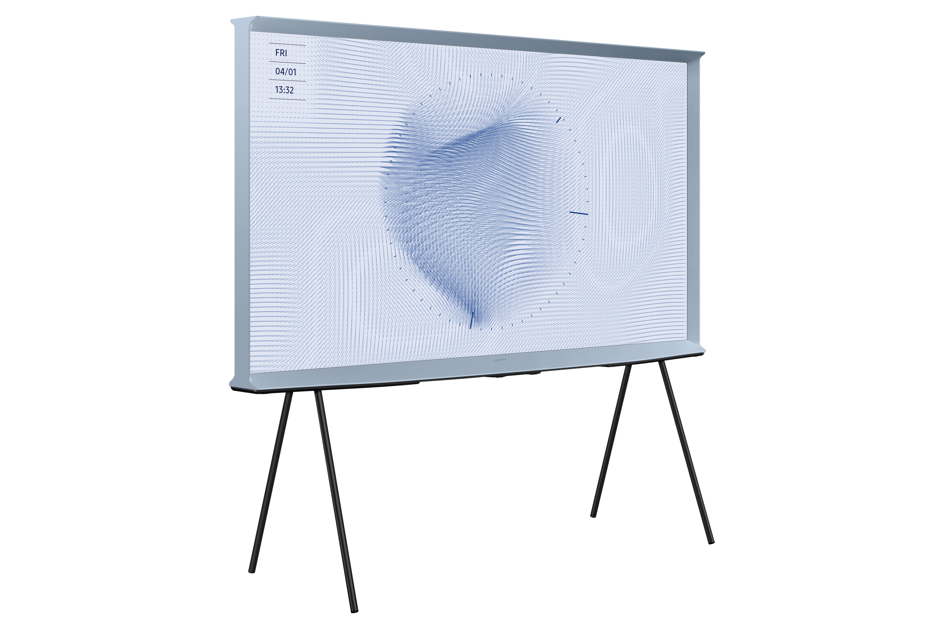 Jasnoniebieski telewizor na stojaku wyświetlający niebieski wzór abstrakcyjny. Data i godzina w lewym górnym rogu.