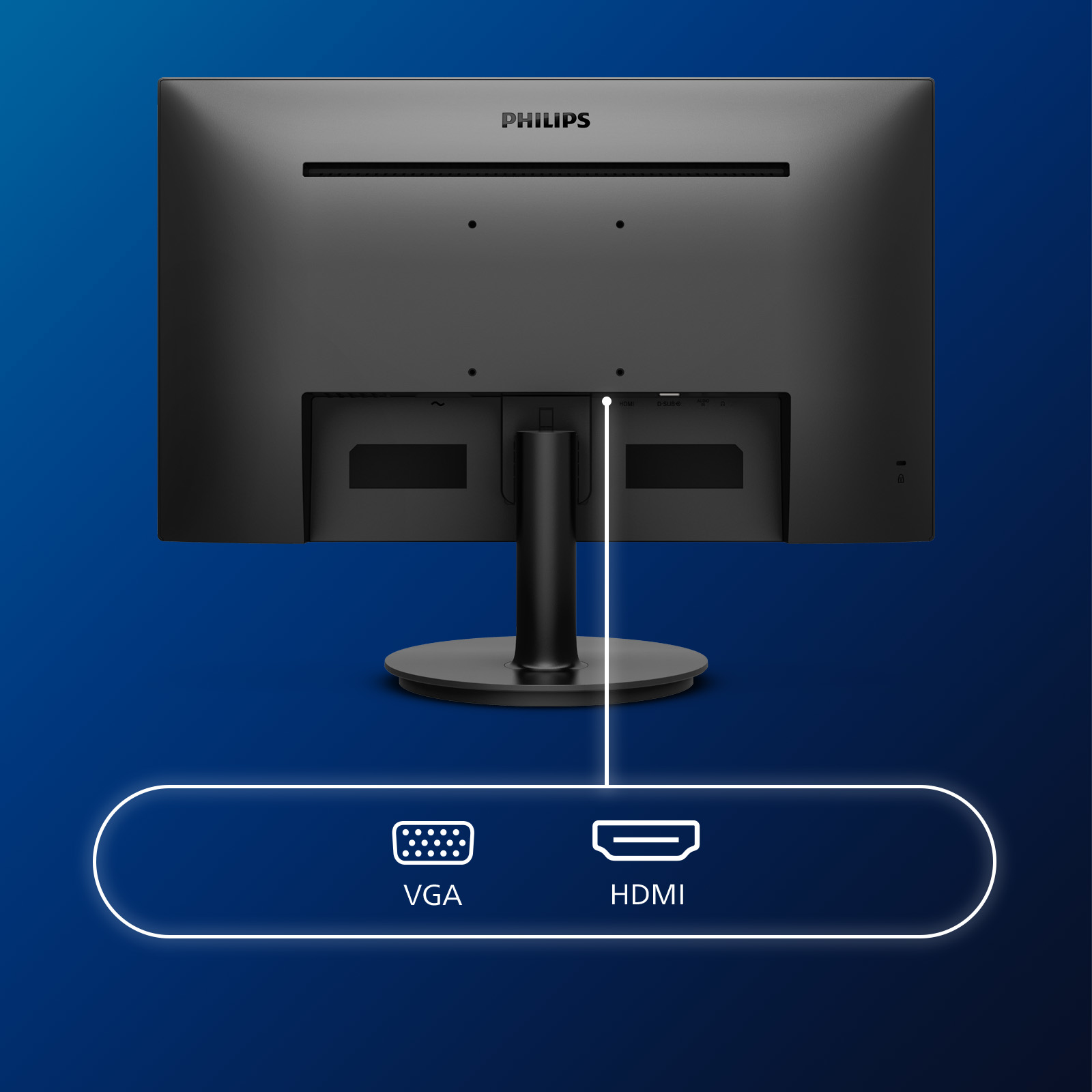 Retro di un monitor Philips. Porte di connessione evidenziate. Porte VGA e HDMI visibili.