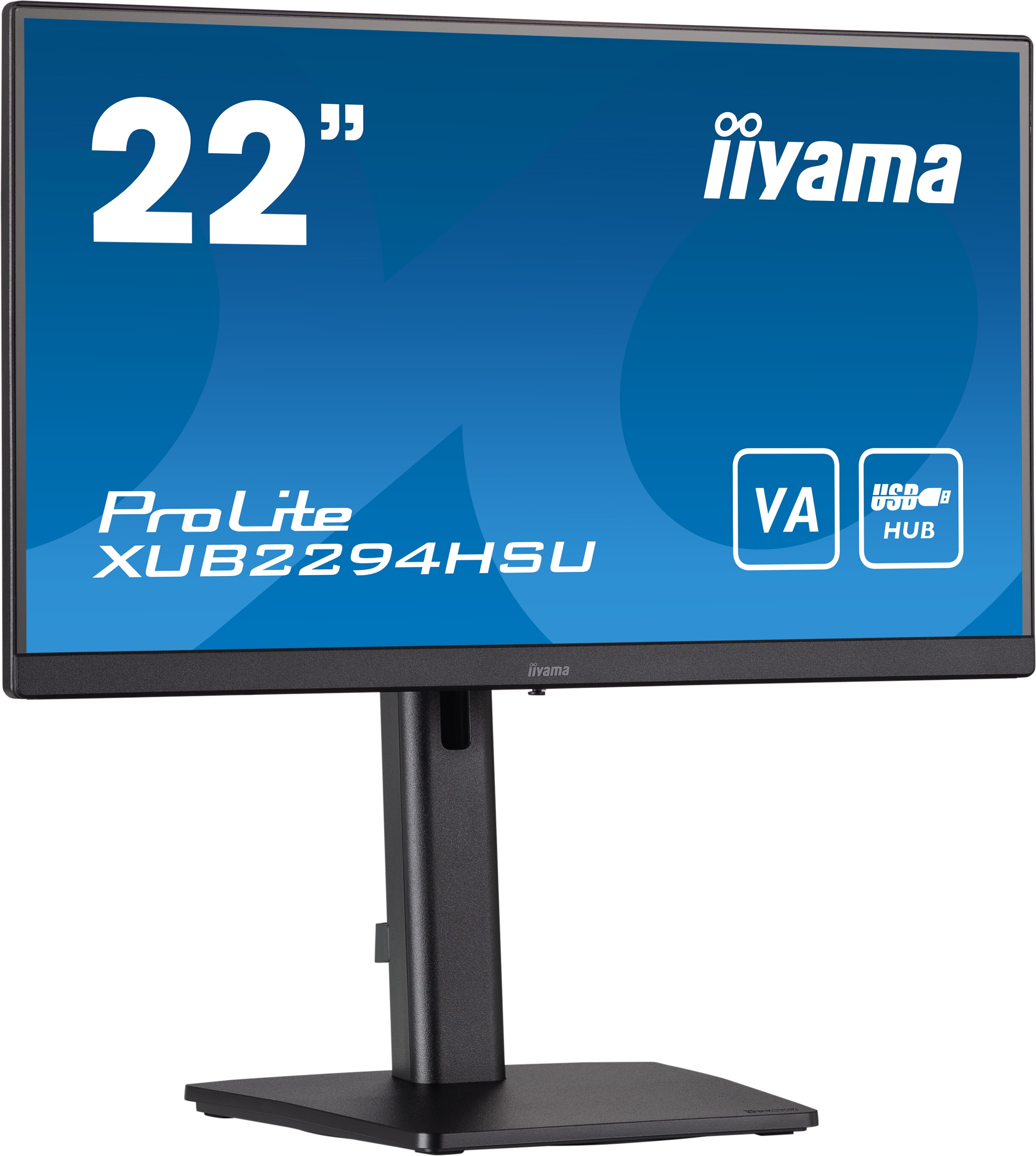 Monitor Iiyama, vista frontal, pantalla de 22". Marco negro. Fondo blanco.